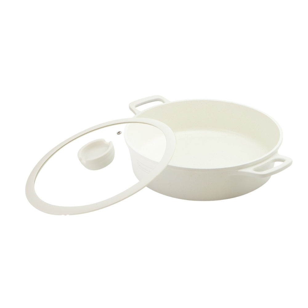 Cratita joasa din aluminiu turnat, 28cm, 4.5litri, capac din sticla, 3 straturi antiaderente, compatibil inductie, Goldmann