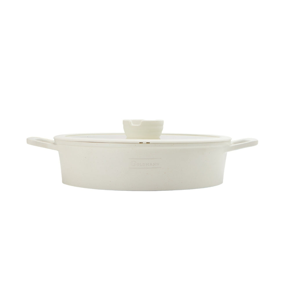 Cratita joasa din aluminiu turnat, 28cm, 4.5litri, capac din sticla, 3 straturi antiaderente, compatibil inductie, Goldmann