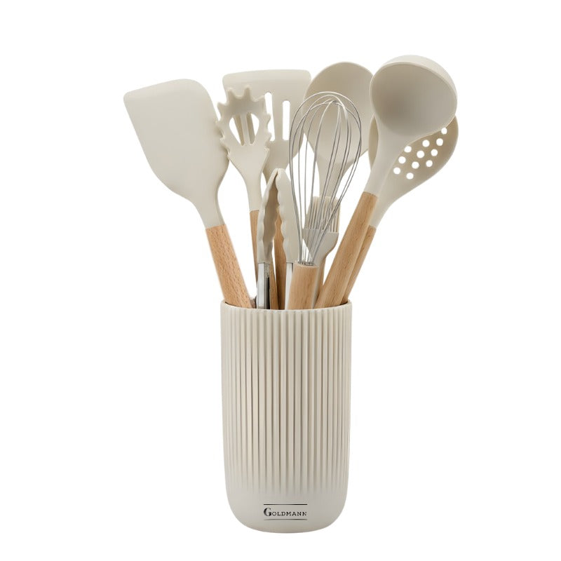 Set ustensile de bucatarie din silicon, 10 piese, maner din lemn, suport inclus, bej, Goldmann