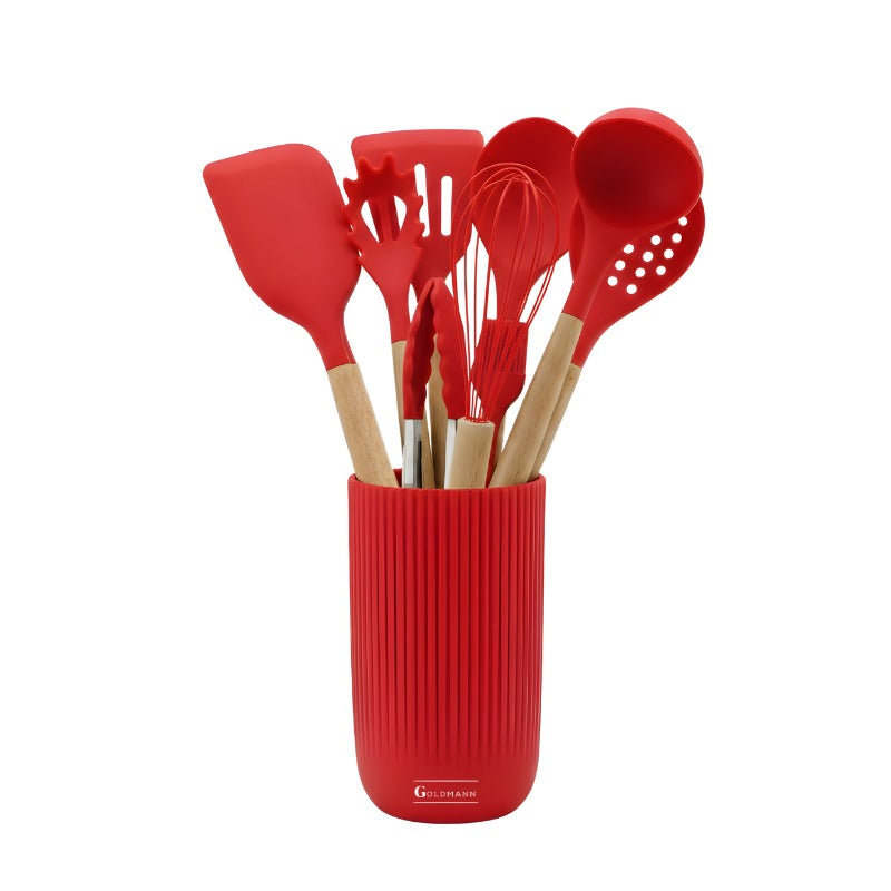 Set ustensile de bucatarie din silicon, 10 piese, maner din lemn, suport inclus, rosu, Goldmann