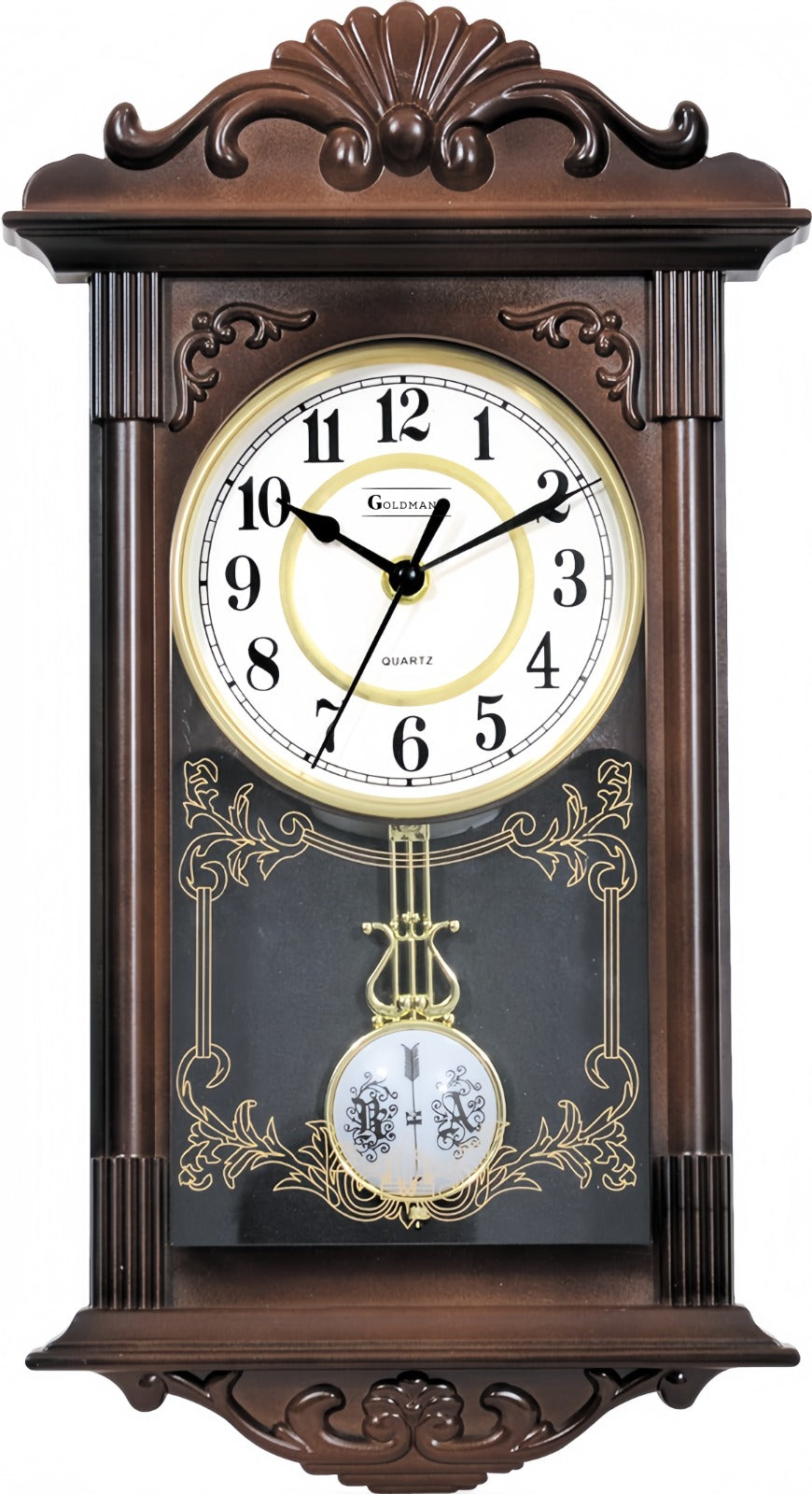 Ceas de perete cu pendula, maro, 41 x 22 x 7 cm, imitatie lemn, baterie, Goldmann