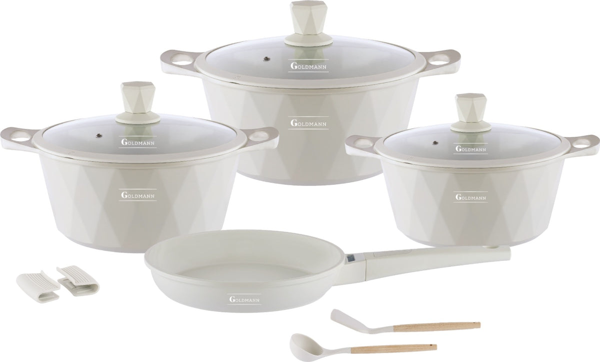 Set vase gatit, 10 piese, aluminiu turnat, suprafata antiaderenta ceramica, 2.5L - 6.5L, inclusiv inductie, Goldmann