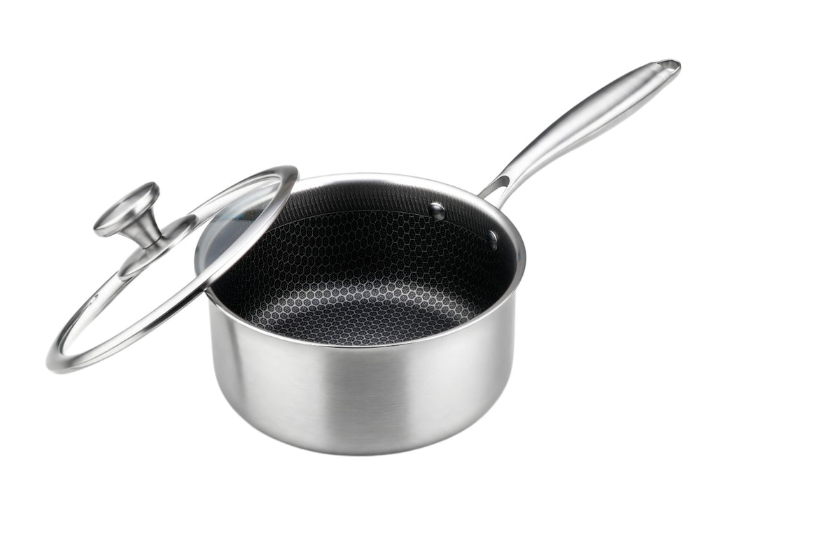 Cratita cu maner hybrid inalta, FusionHex Pro, 18x7cm, cu capac sticla, inox 18/10 antiaderent, Goldmann