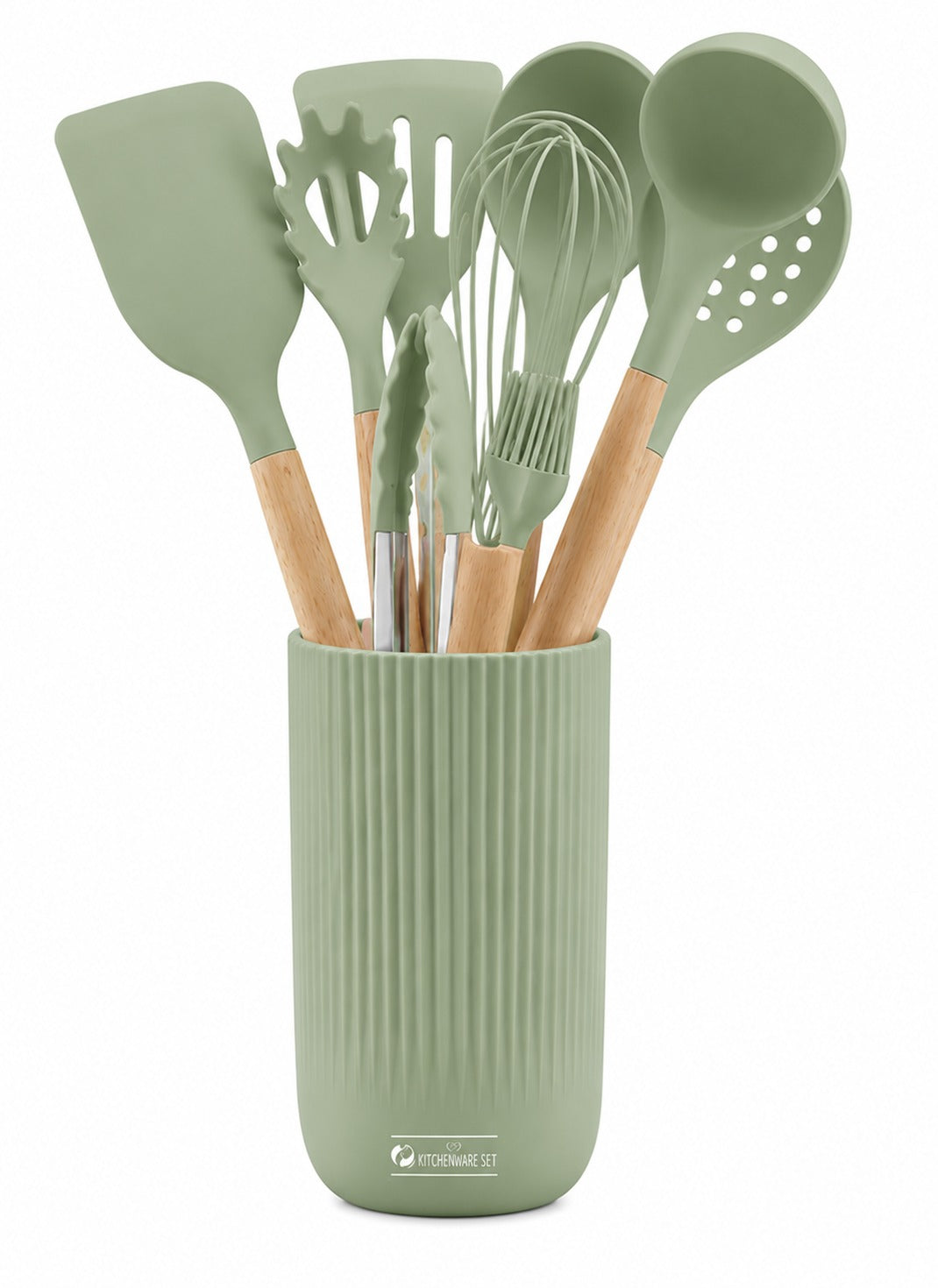 Set ustensile de bucatarie din silicon, 10 piese, maner din lemn, suport inclus, verde, Goldmann