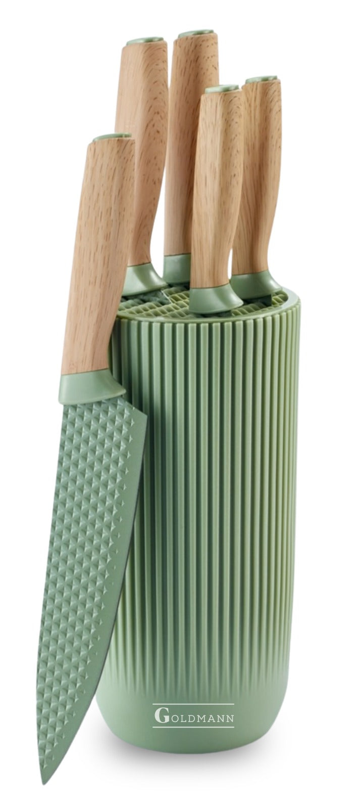 Set cutite 6 piese, lame din otel, suport depozitare, manere din lemn, Goldmann, verde