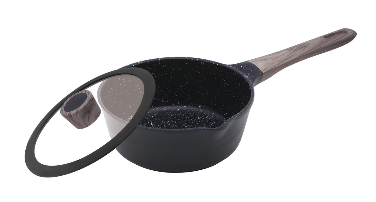 Cratita cu maner, capac sticla, 18 cm, 1.6 litri, invelis ceramic marmorat, aluminiu turnat, Goldmann