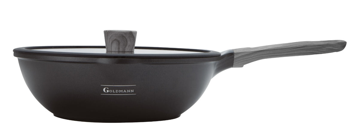 Tigaie WOK, cu capac sticla, invelis ceramica antiaderent, aluminiu turnat, 30cm, 4.9 litri, Goldmann