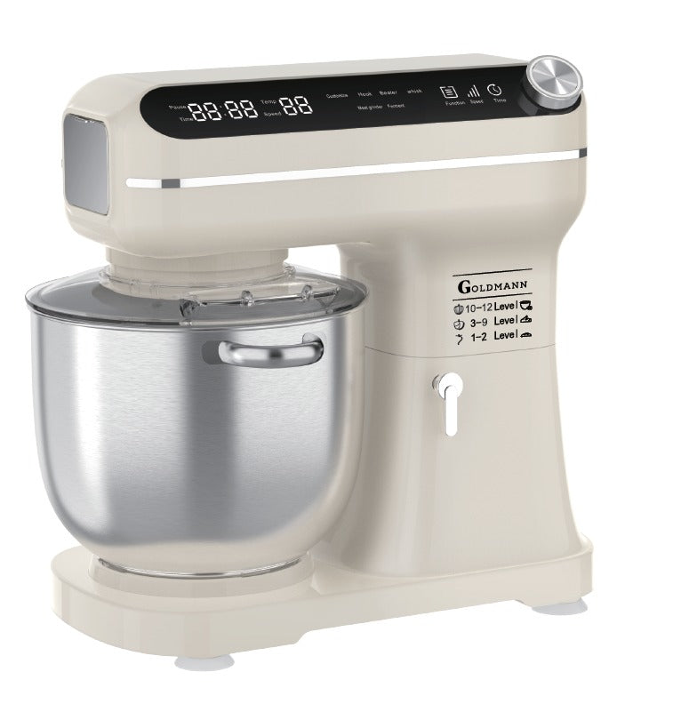 Mixer planetar cu bol din inox, Motor silențios cu inducție 7 litri, 2000W, afisaj digital, 12 trepte de putere, 3 accesorii incluse, Goldmann