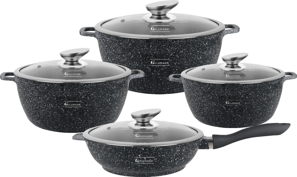 Set vase gatit, 8 piese, 2.3L, 4.5L, 6.5L + Tigaie 2.3L, Interior antiaderent Ceramic, Marmorat, inductie, Goldmann