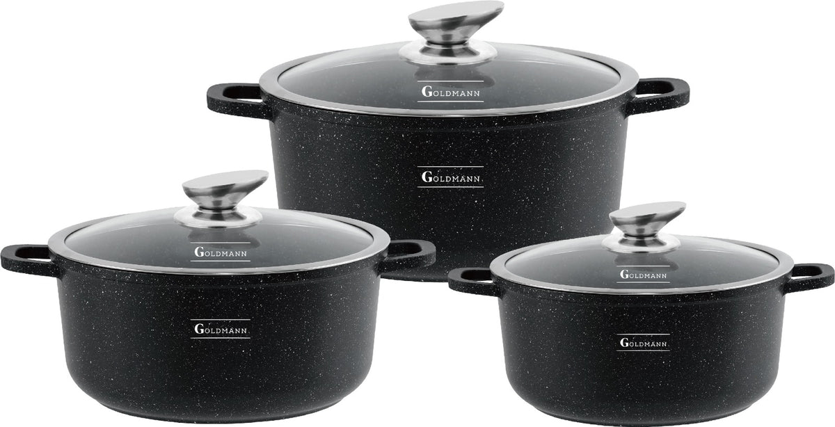 Set 6 Piese Cratite Goldmann – 2.3L, 4.5L, 6.5L, Capace Incluse, Interior antiaderent, Exterior Marmorat, Inductie