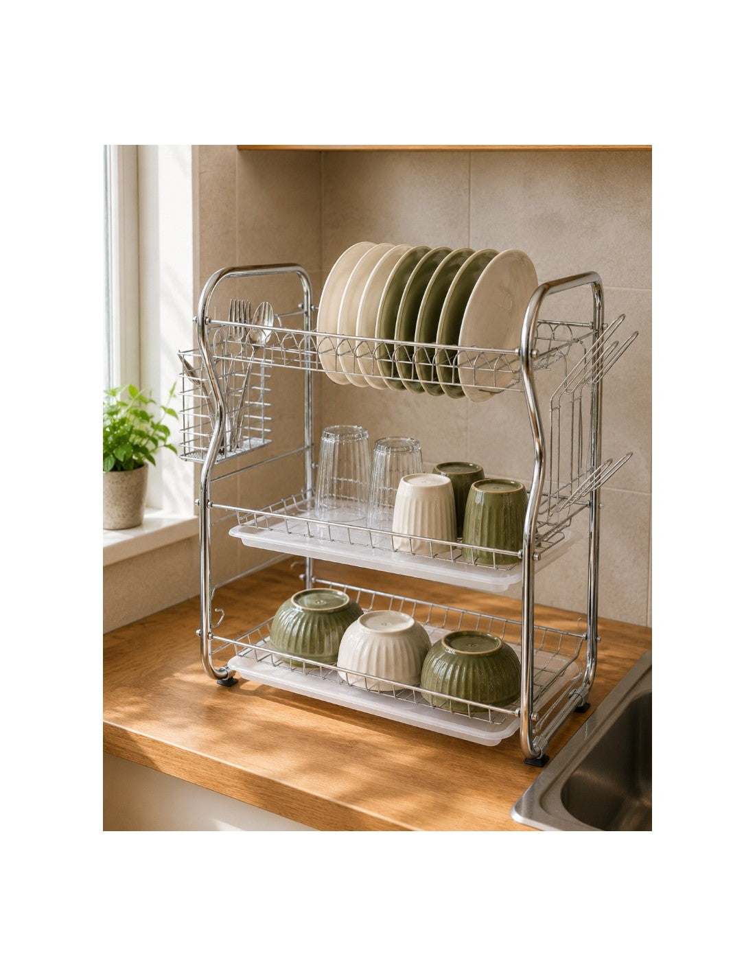 Uscator de vase cu 3 niveluri Rosberg, 43 × 24 × 45 cm, cromat