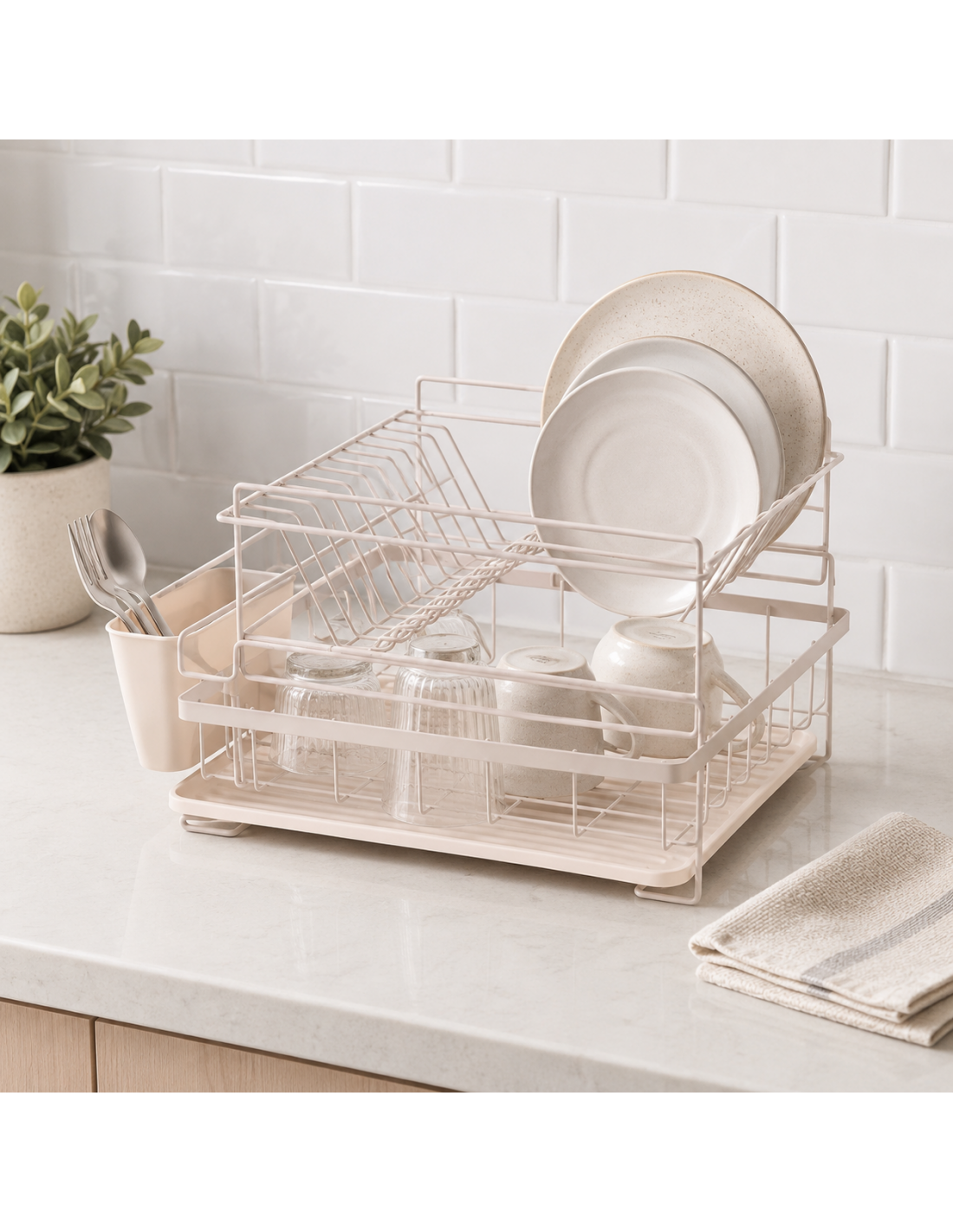 Uscator de vase, 2 niveluri, 45 x 32.5 x 27.3cm, suport tacamuri, Rosberg, crem