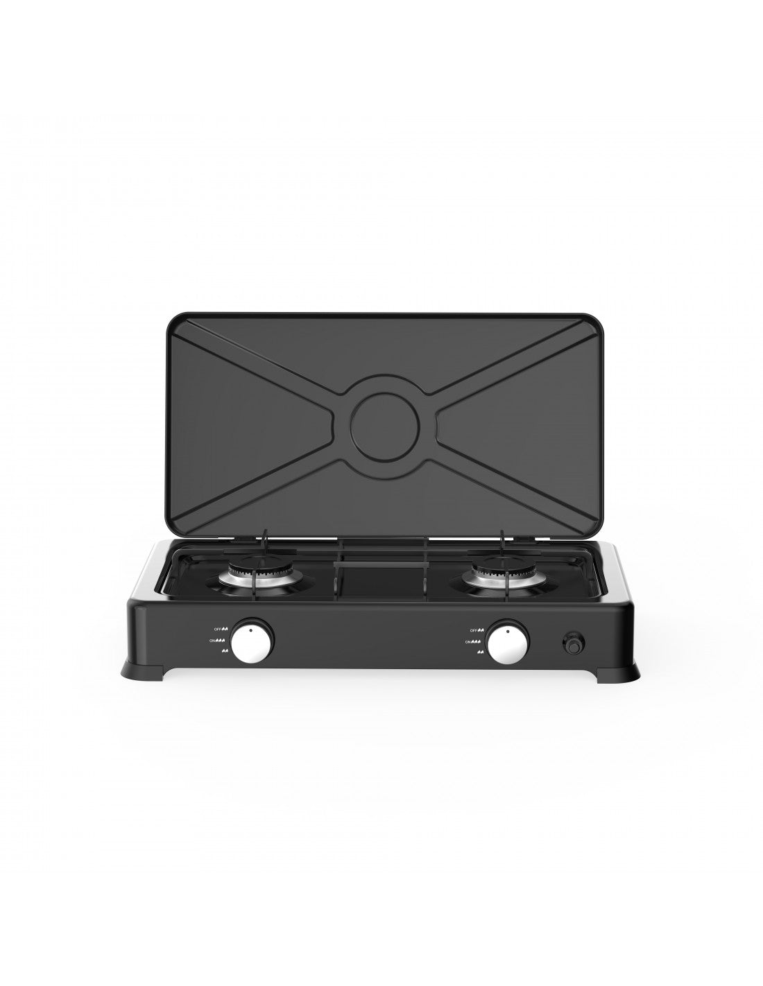 Aragaz pe gaz cu 2 ochiuri si capac metalic, 2x2.2kW, pentru butelie, aprindere automata, exterior, Rosberg, negru