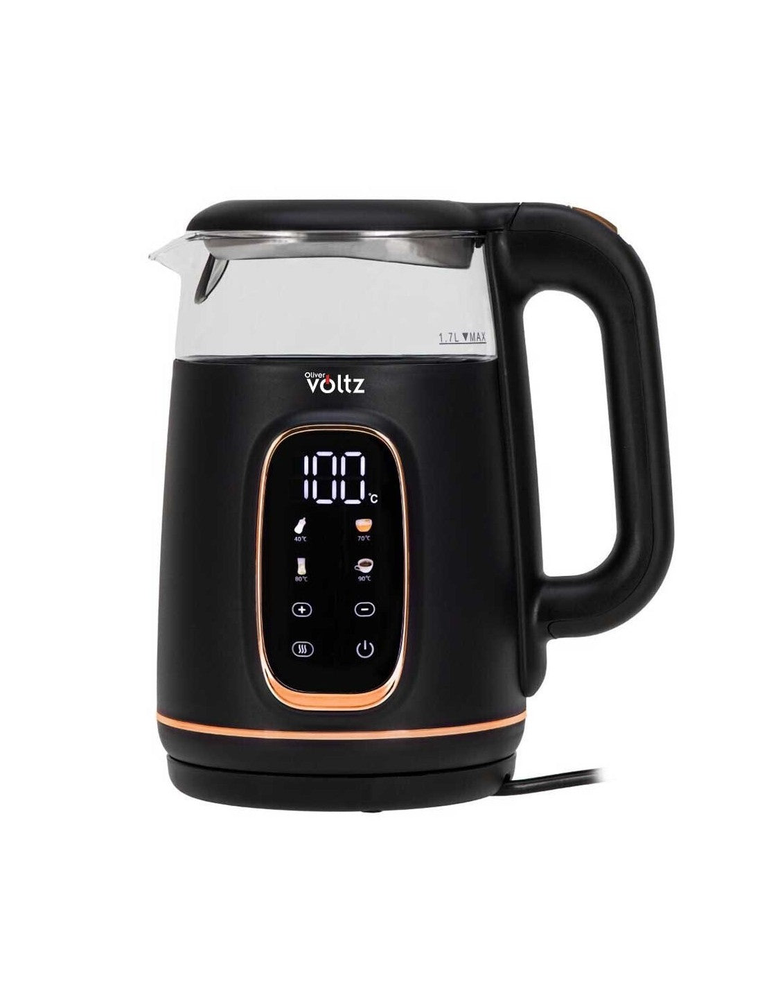 Fierbator electric, 1.7litri, 2200W, LCD, 13 trepte temperatura, mentine cald, Oliver Voltz, Negru/Auriu