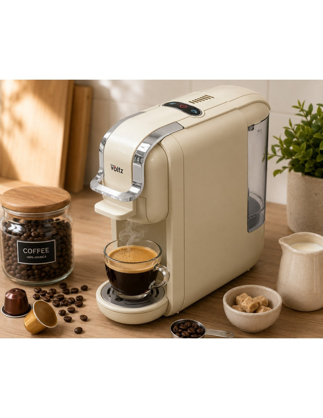 Espressor electric 8 in 1, 1450W, 19 bari, 5 adaptoare petru capsule, Oliver Voltz, gama Nice, crem