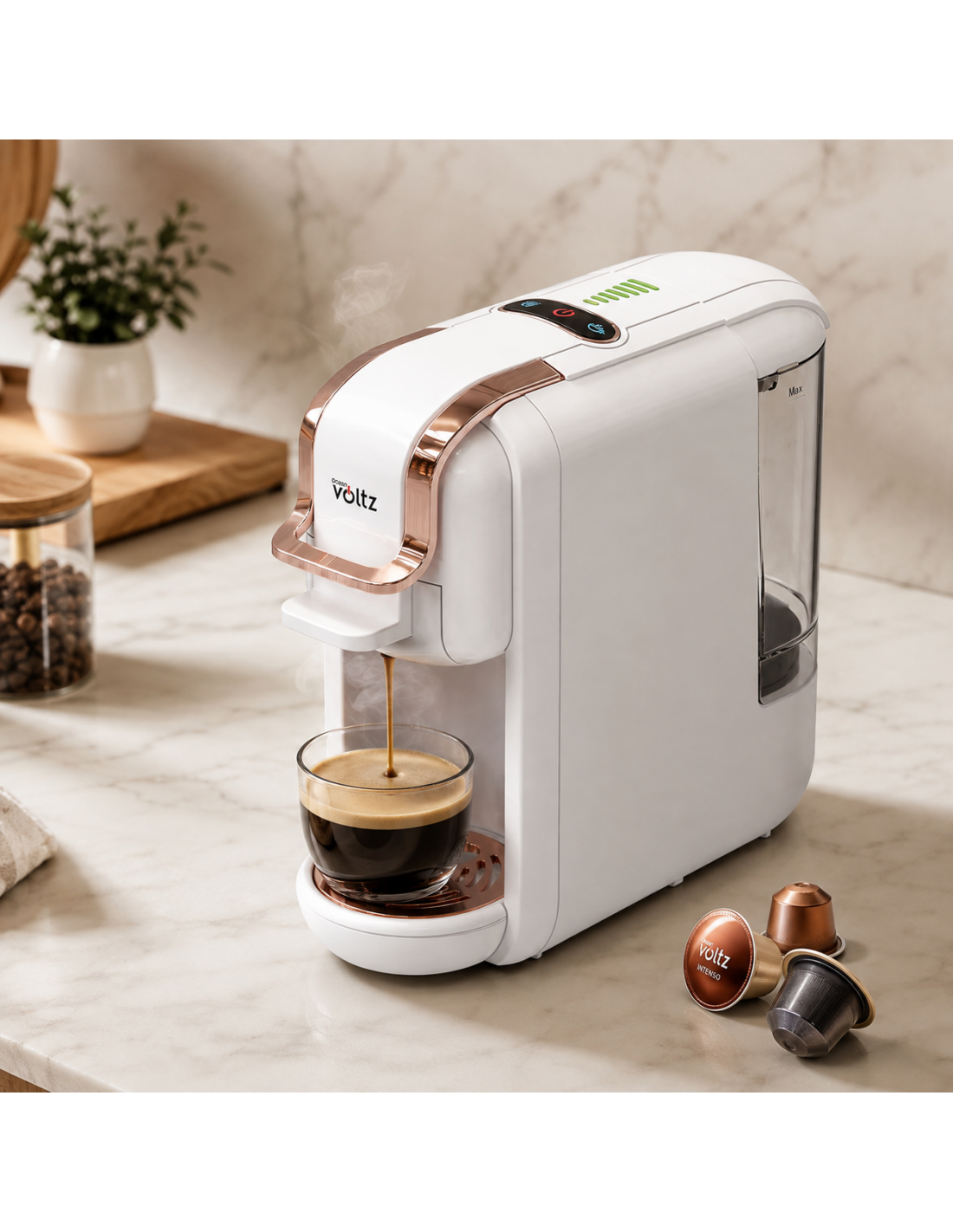 Espressor de cafea cu capsule 8 în 1, cafea macinata/capsule/paduri, Oliver Voltz, 19 bari, 1450W, alb