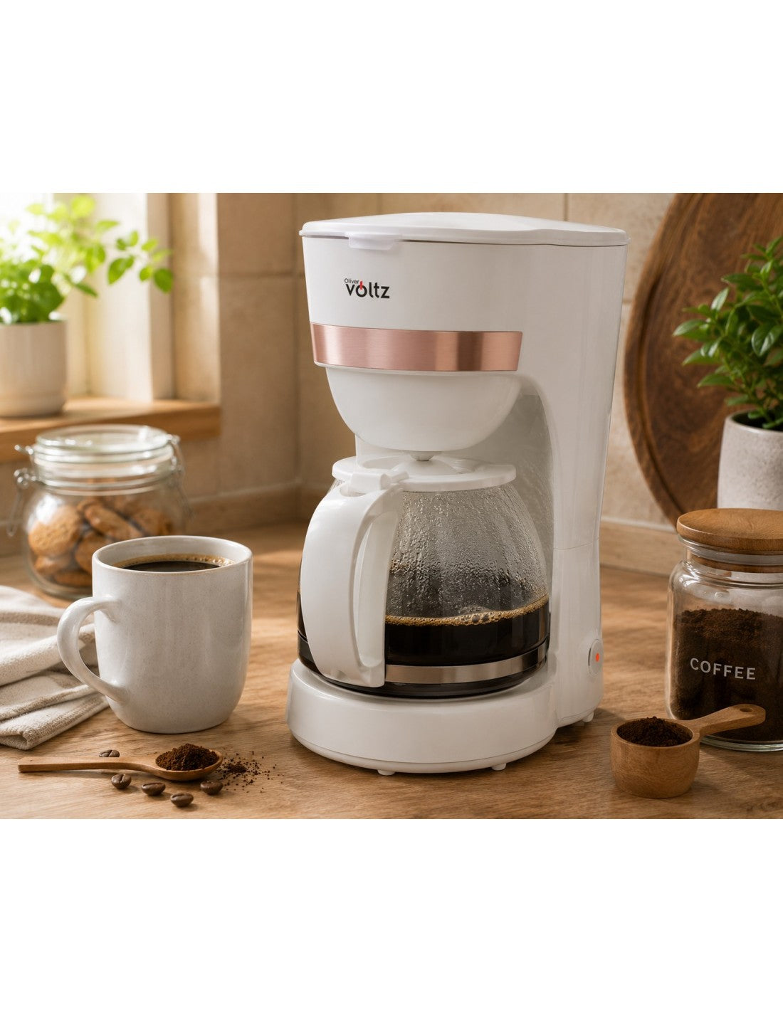 Cafetiera electrica, 1.25 Litri, anti-picurare, carafa din sticla, gradatie, Oliver Voltz, alb