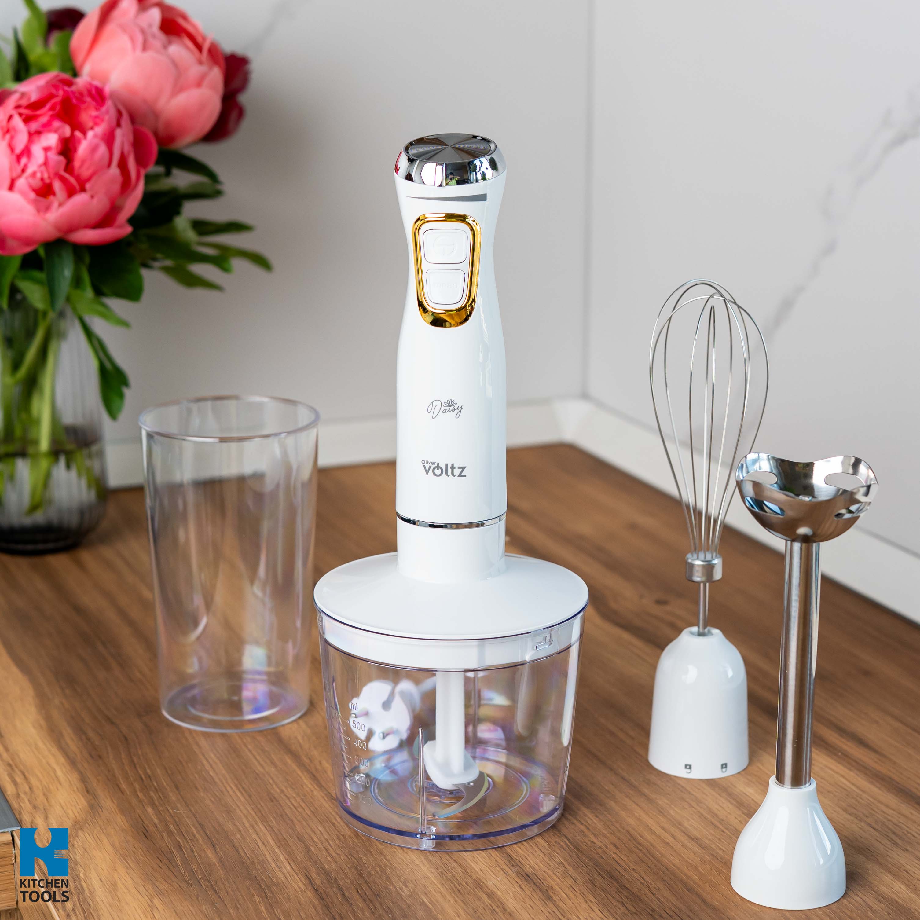 Blender 3 in 1 vertical de mana, 2 viteze, mixer/tocator/blender, lame din otel, 800W, Oliver Voltz Daisy, alb
