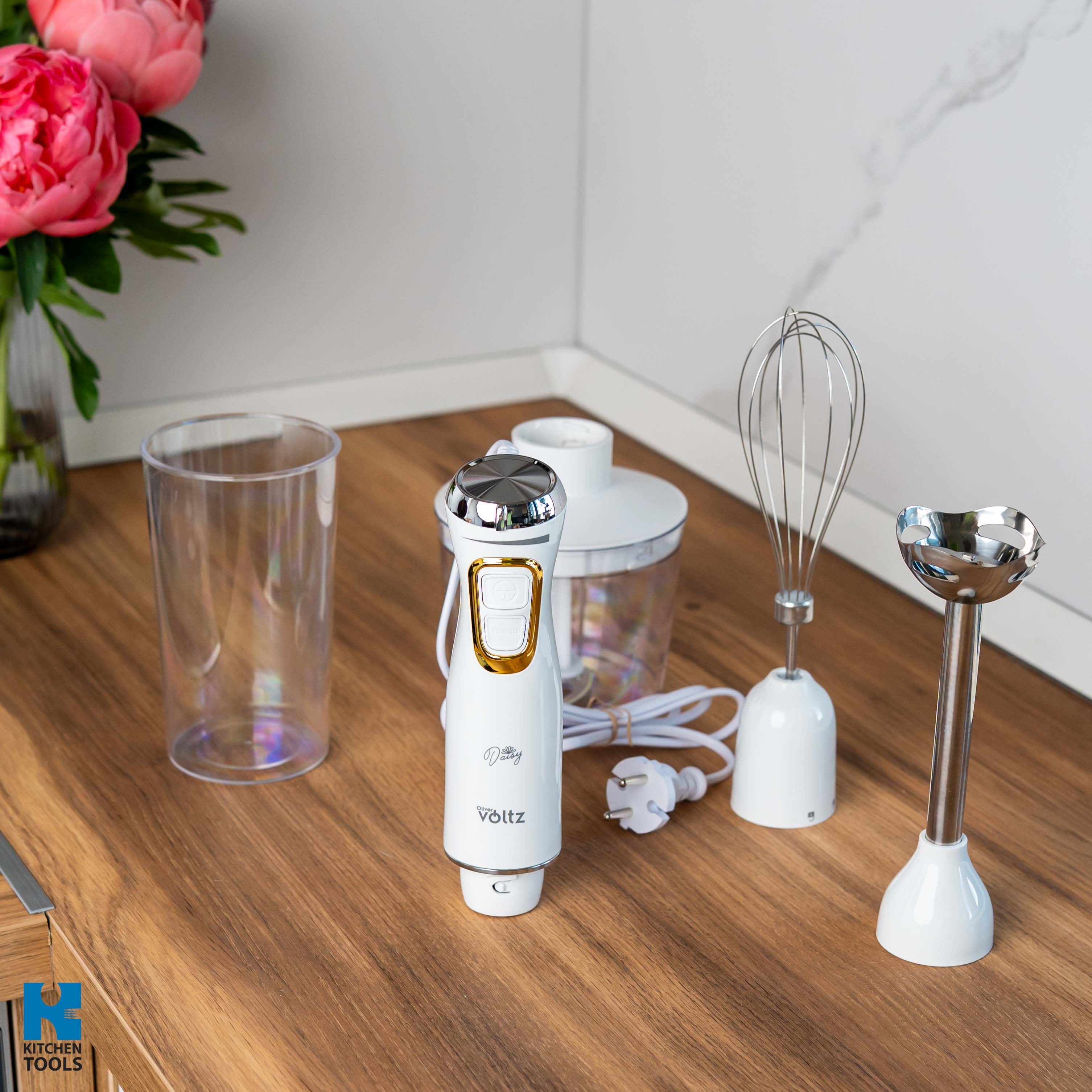 Blender 3 in 1 vertical de mana, 2 viteze, mixer/tocator/blender, lame din otel, 800W, Oliver Voltz Daisy, alb