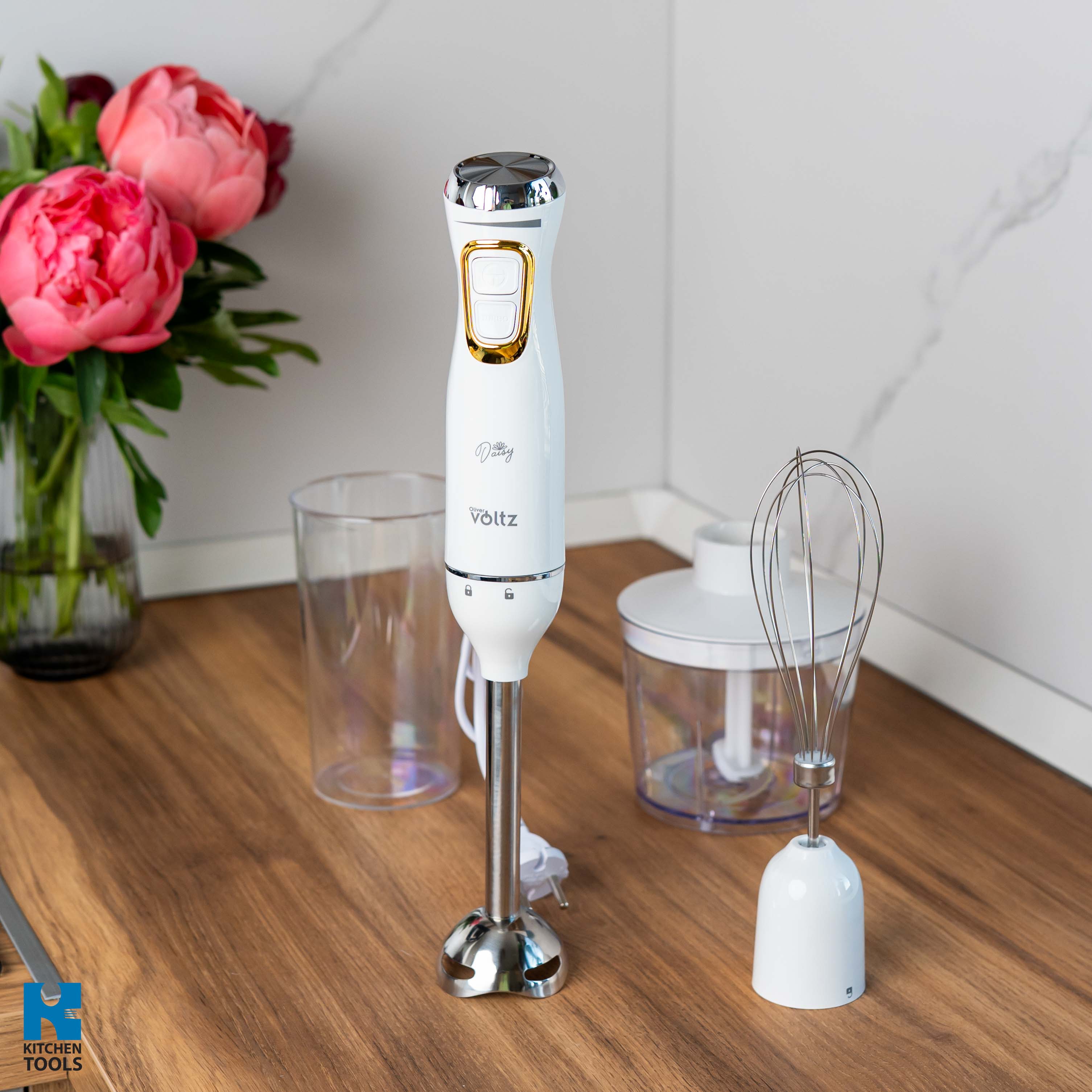 Blender 3 in 1 vertical de mana, 2 viteze, mixer/tocator/blender, lame din otel, 800W, Oliver Voltz Daisy, alb