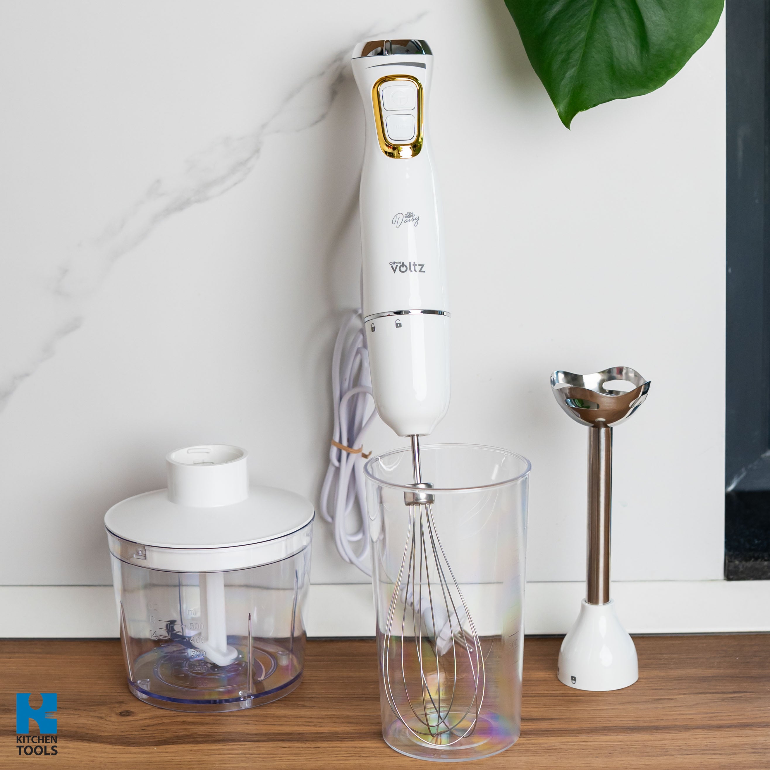 Blender 3 in 1 vertical de mana, 2 viteze, mixer/tocator/blender, lame din otel, 800W, Oliver Voltz Daisy, alb