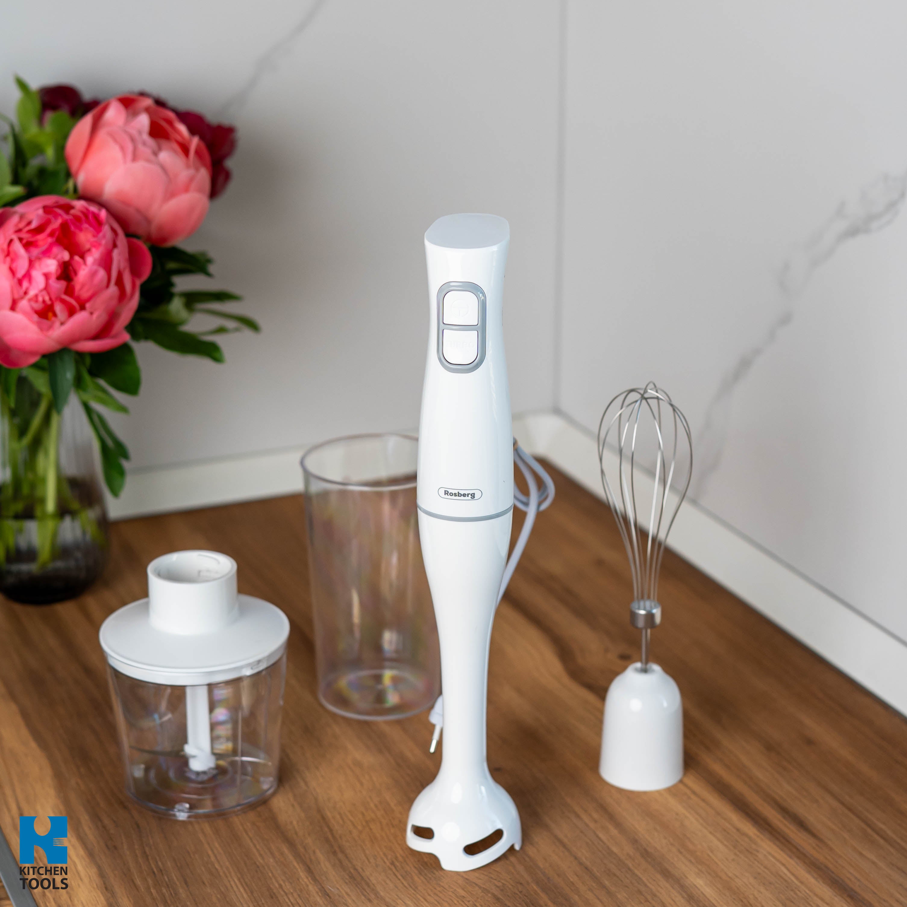 Set 3 in 1 Blender de Mana, 350W, 2 viteze, Tija Plastic, Pahar 700ml, Chopper, Tel, Rosberg, Alb