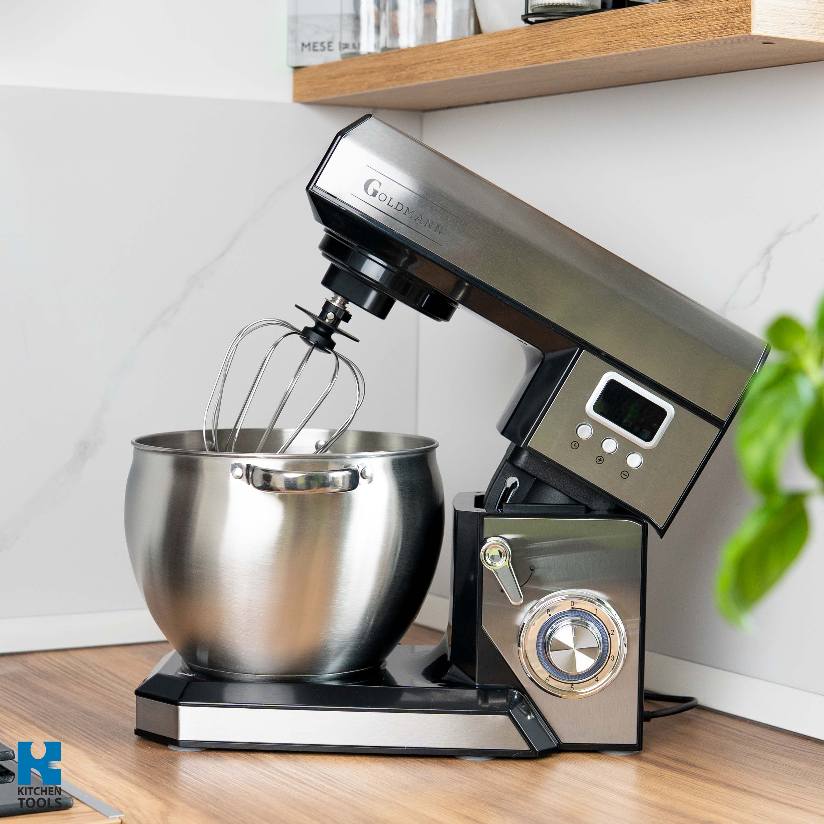 Mixer planetar, 2200 W, Bol 8.5 L Inox, 5 Accesorii, 6 Viteze, Timer/Cronometru, Angrenaje metalice, Carcasa inox, GOLDMANN, Gri