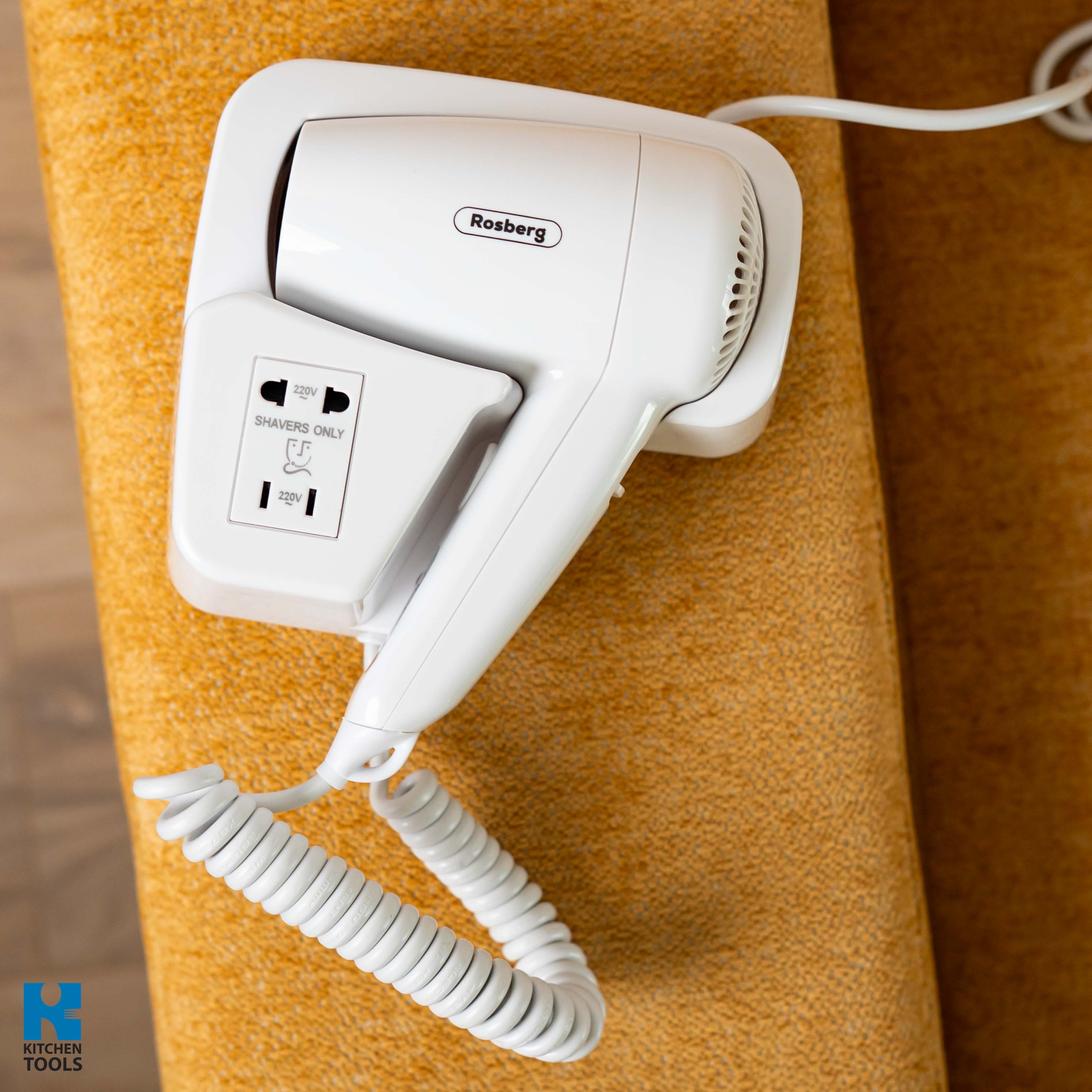 Uscator de par cu prindere in perete, 1300W, 2 trepte, priza extra inclusa, 900gr, Rosberg, alb