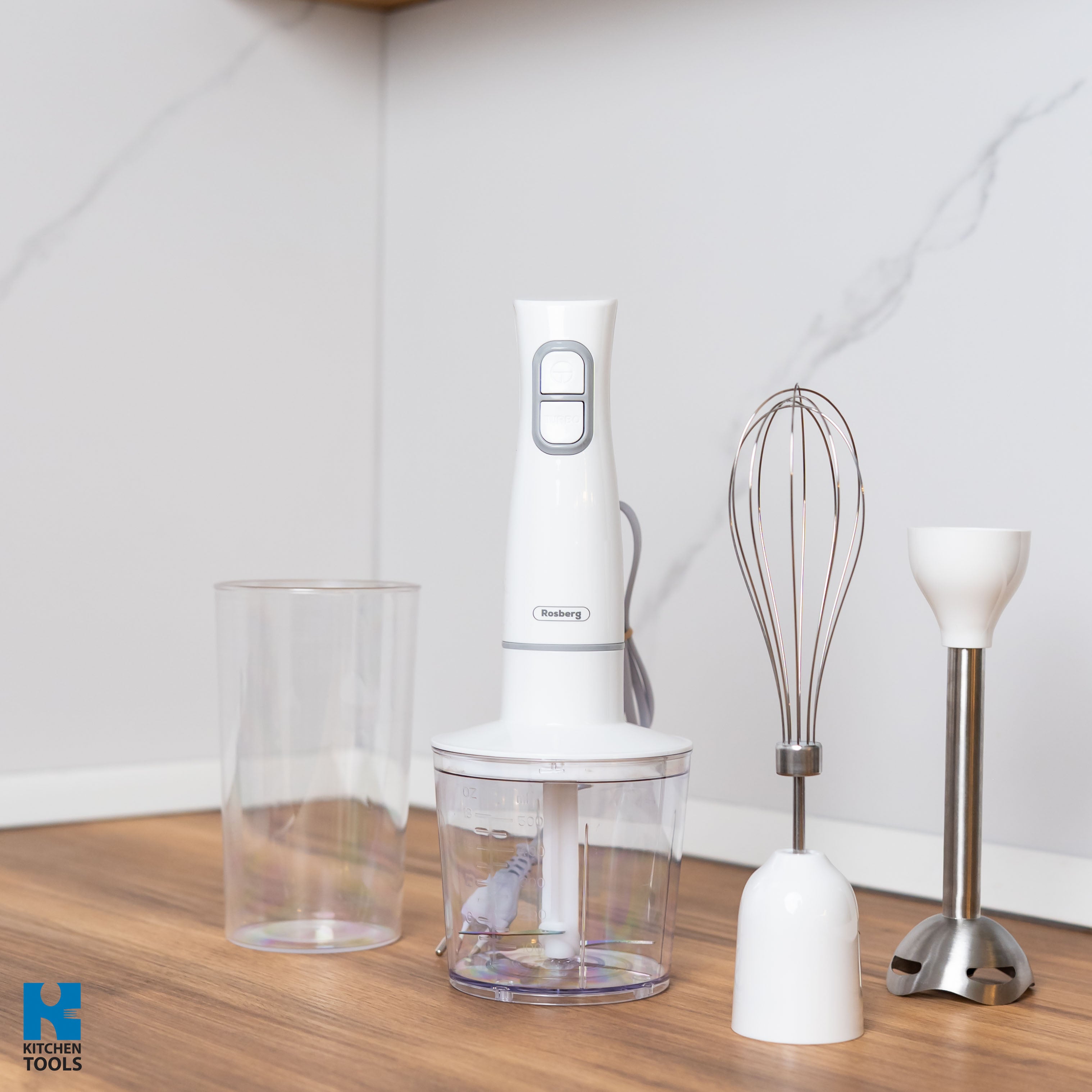 Blender de mana 3 in 1, tocator/mixer/blender, 400W, 2 trepte de viteza, pahar 600ml, tija inox, Rosberg, Alb