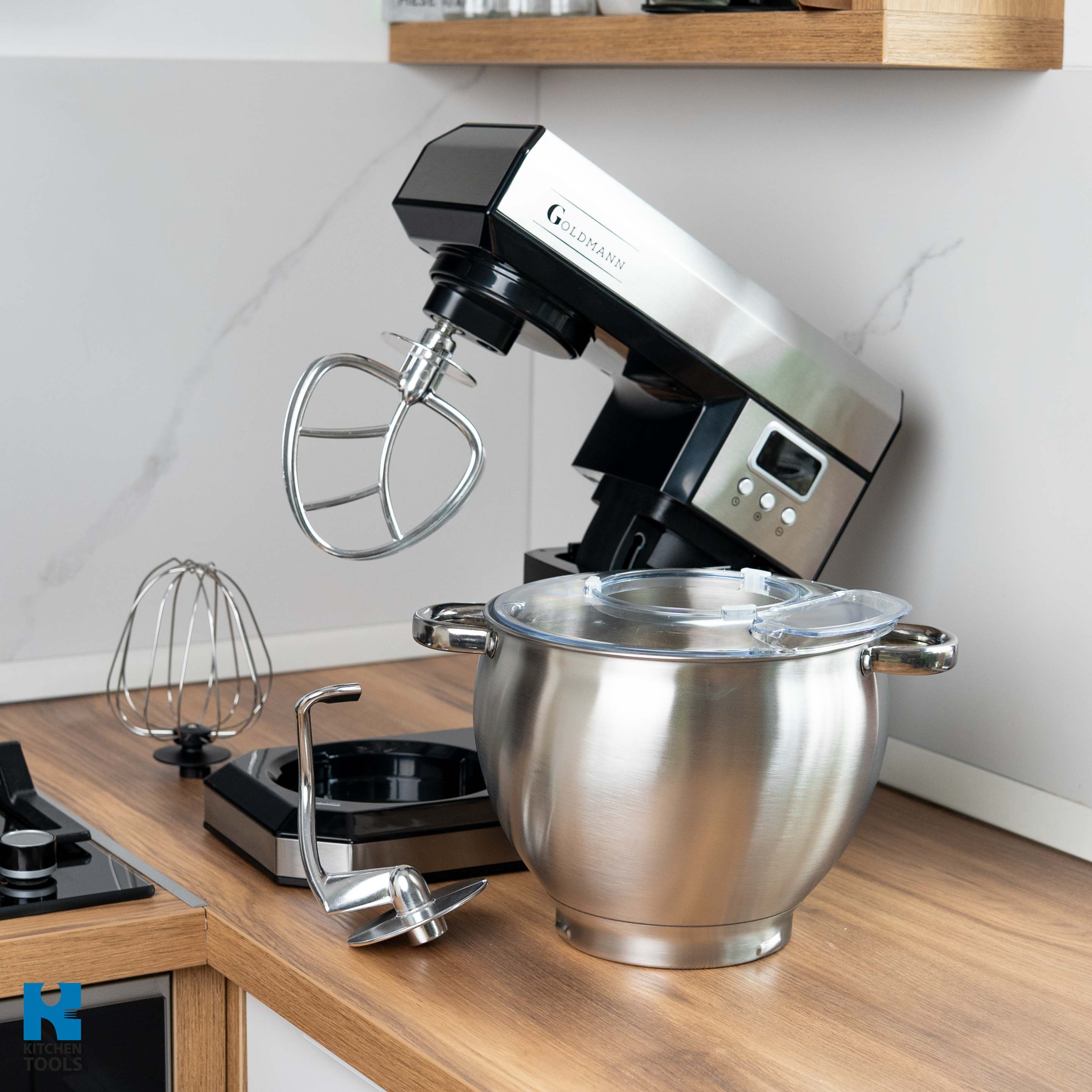 Mixer planetar, 2200 W, Bol 8.5 L Inox, 5 Accesorii, 6 Viteze, Timer/Cronometru, Angrenaje metalice, Carcasa inox, GOLDMANN, Gri