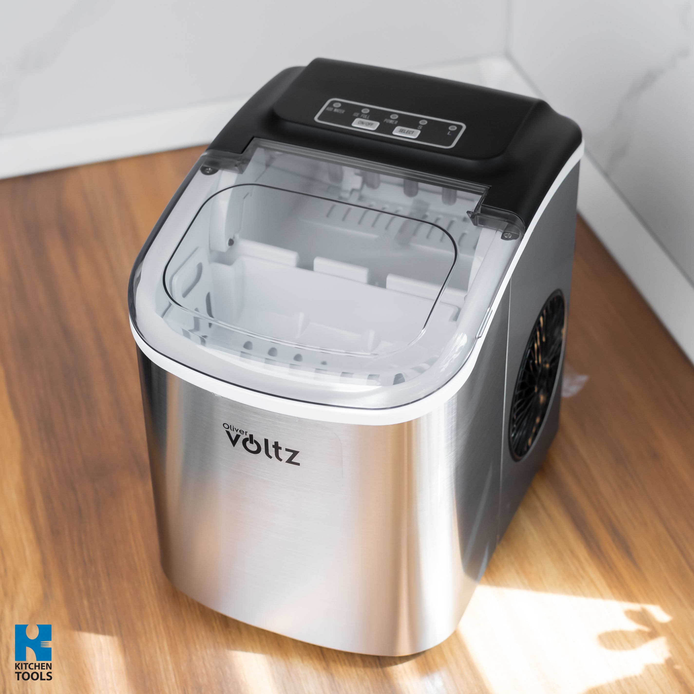 Aparat gheata Oliver Voltz, 12kg/zi, 1.3L, Inox, 9 cuburi/serie, Răcire R600a, Indicatori inteligenți, Gheață tip bullet, Gri