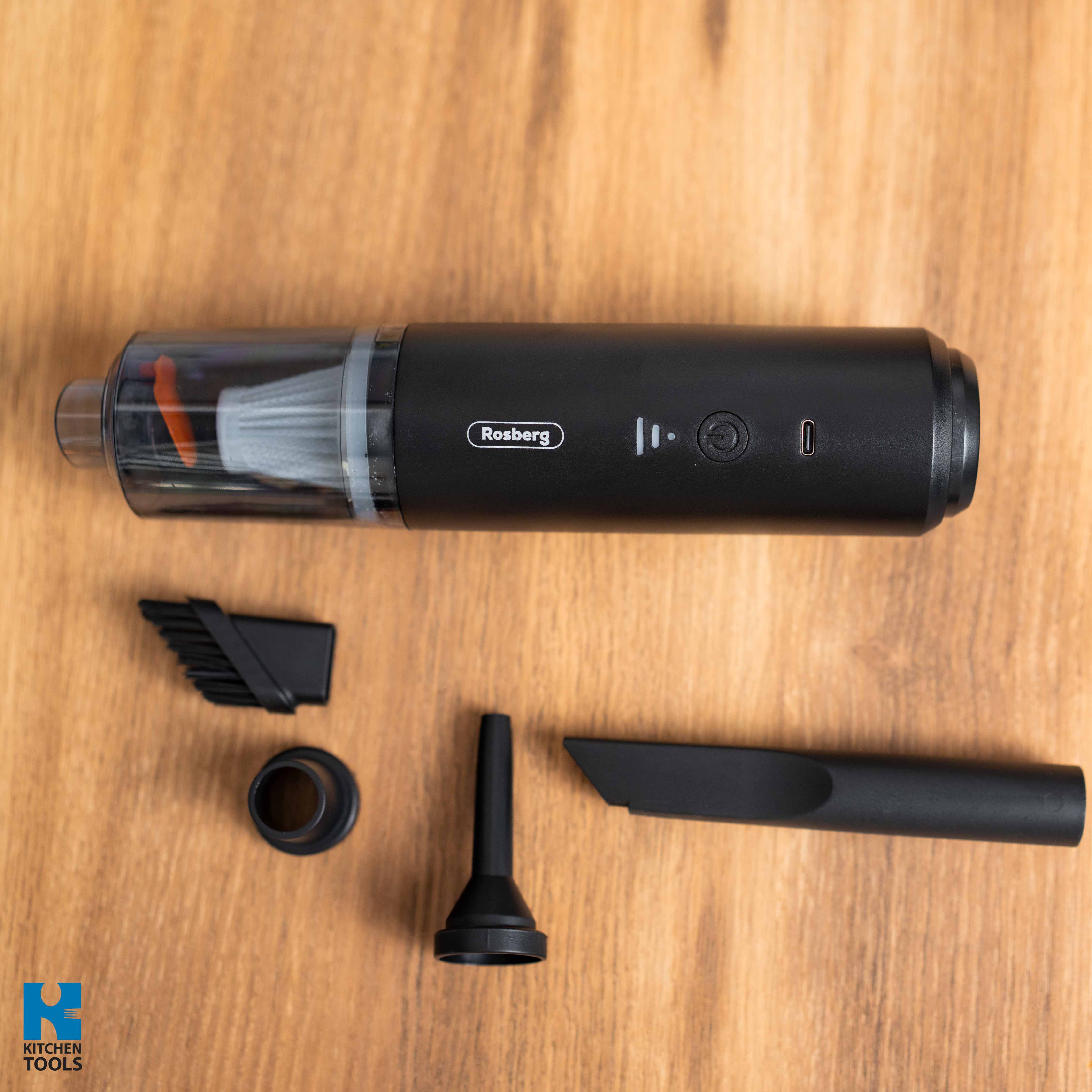 Aspirator portabil fara fir, 1800mAh, 100ml, 65W, filtru HEPA, aspirare/suflare, Rosberg, albastru