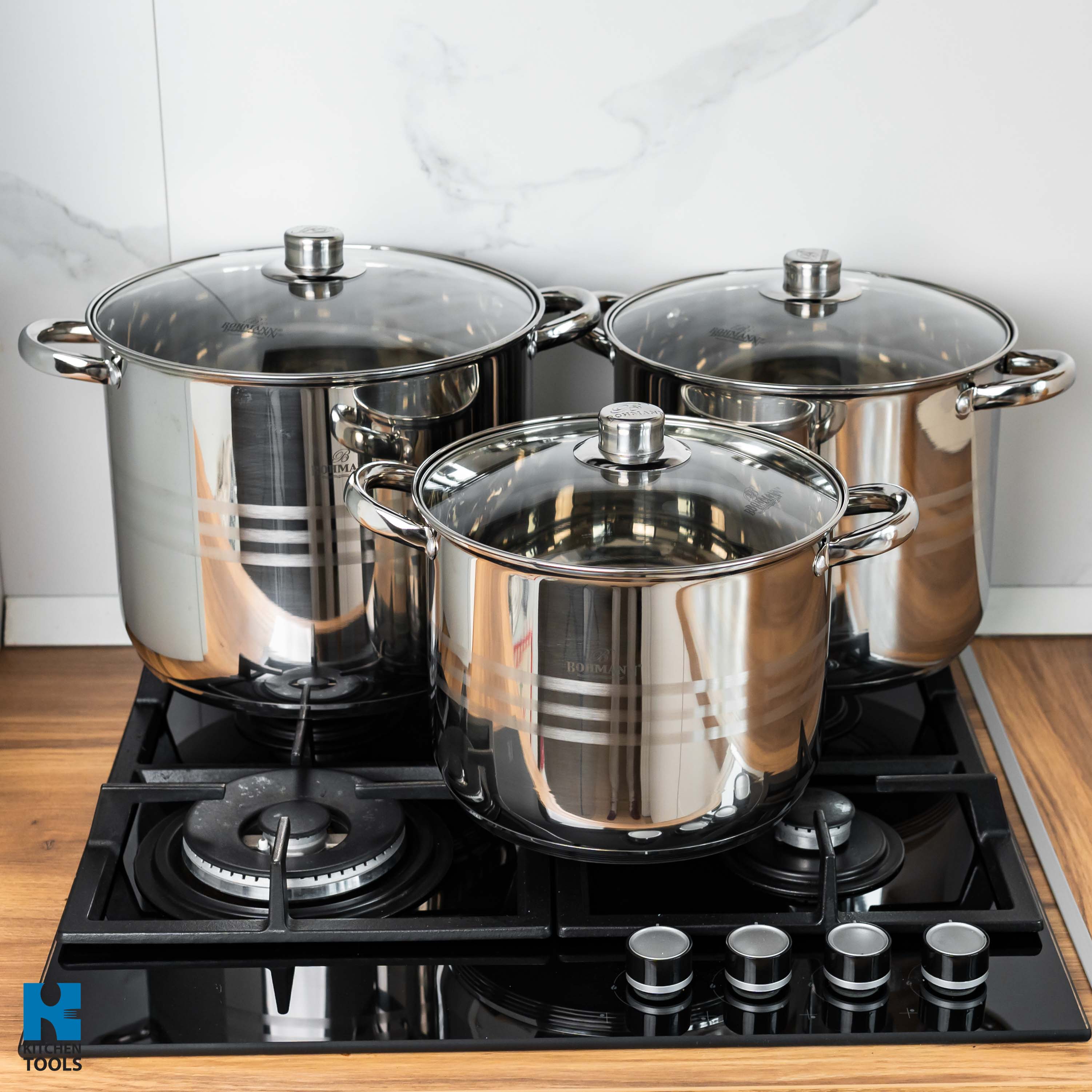Set oale inox 8 piese Bohmann, 7 L, 9 L, 11.5 L, 13.5 L, 3 straturi, compatibil cu inductie, capace sticla inox