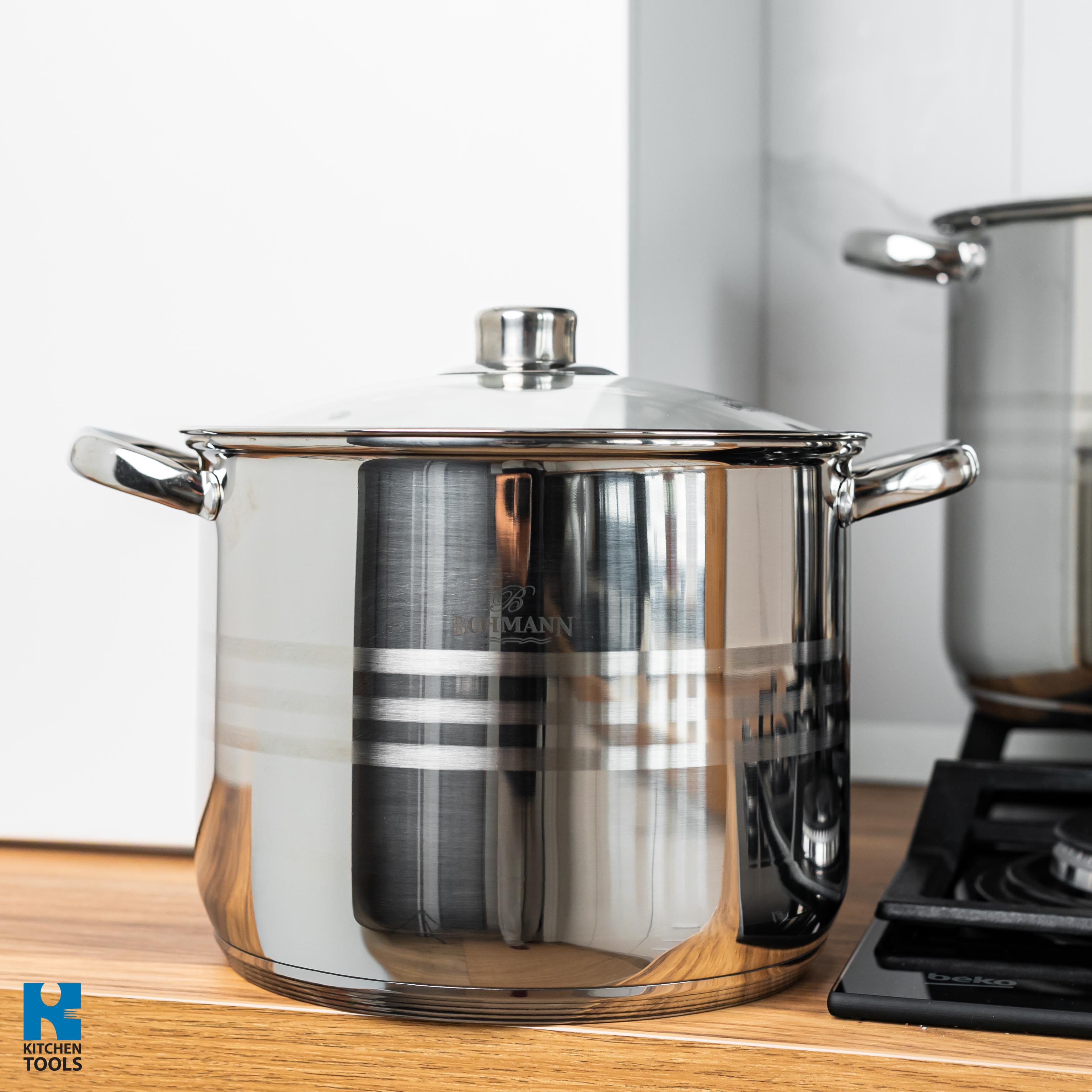 Set oale inox 8 piese Bohmann, 7 L, 9 L, 11.5 L, 13.5 L, 3 straturi, compatibil cu inductie, capace sticla inox