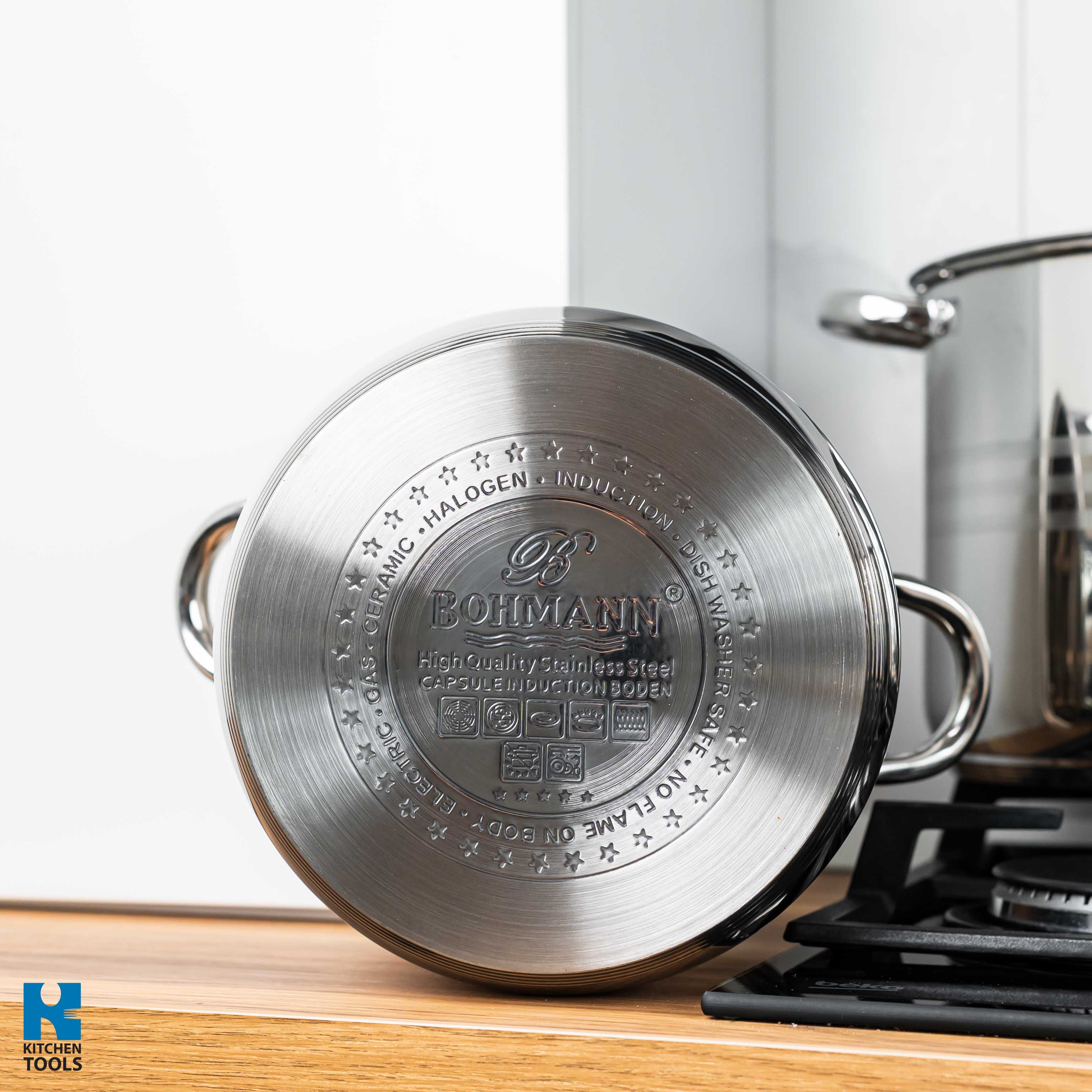 Set oale inox 8 piese Bohmann, 7 L, 9 L, 11.5 L, 13.5 L, 3 straturi, compatibil cu inductie, capace sticla inox