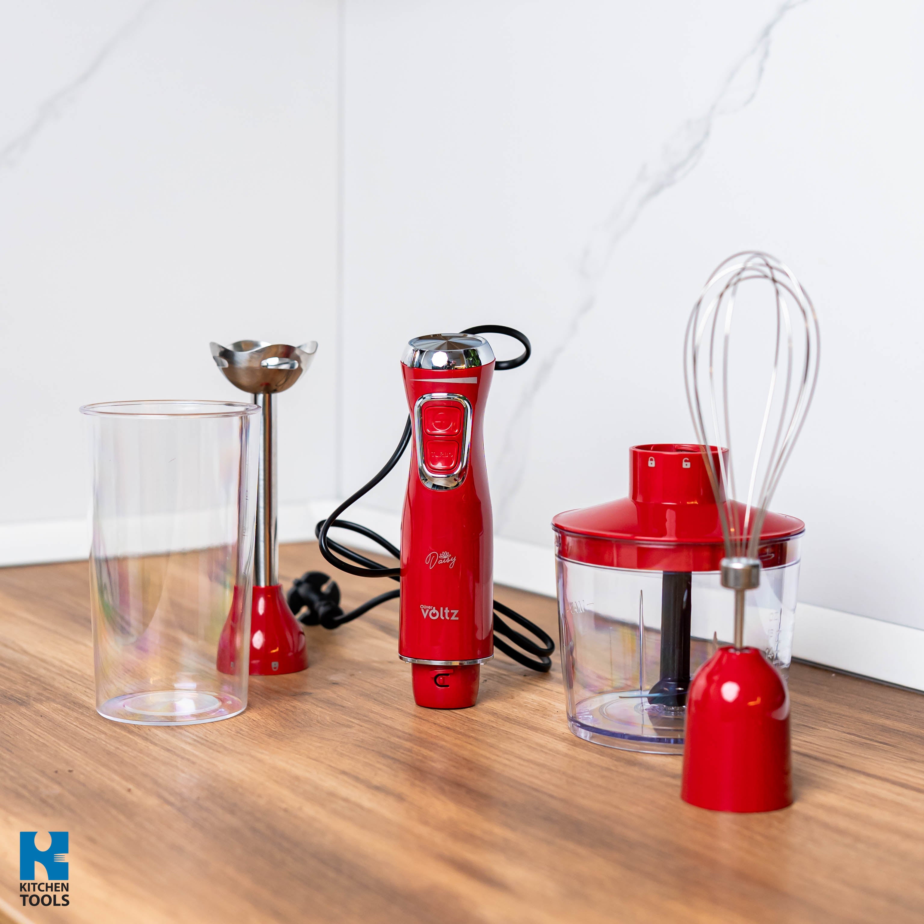 Blender 3 in 1 vertical de mana, 2 viteze, mixer/tocator/blender, lame din otel, 800W, pahar 700ml, Oliver Voltz Daisy, rosu