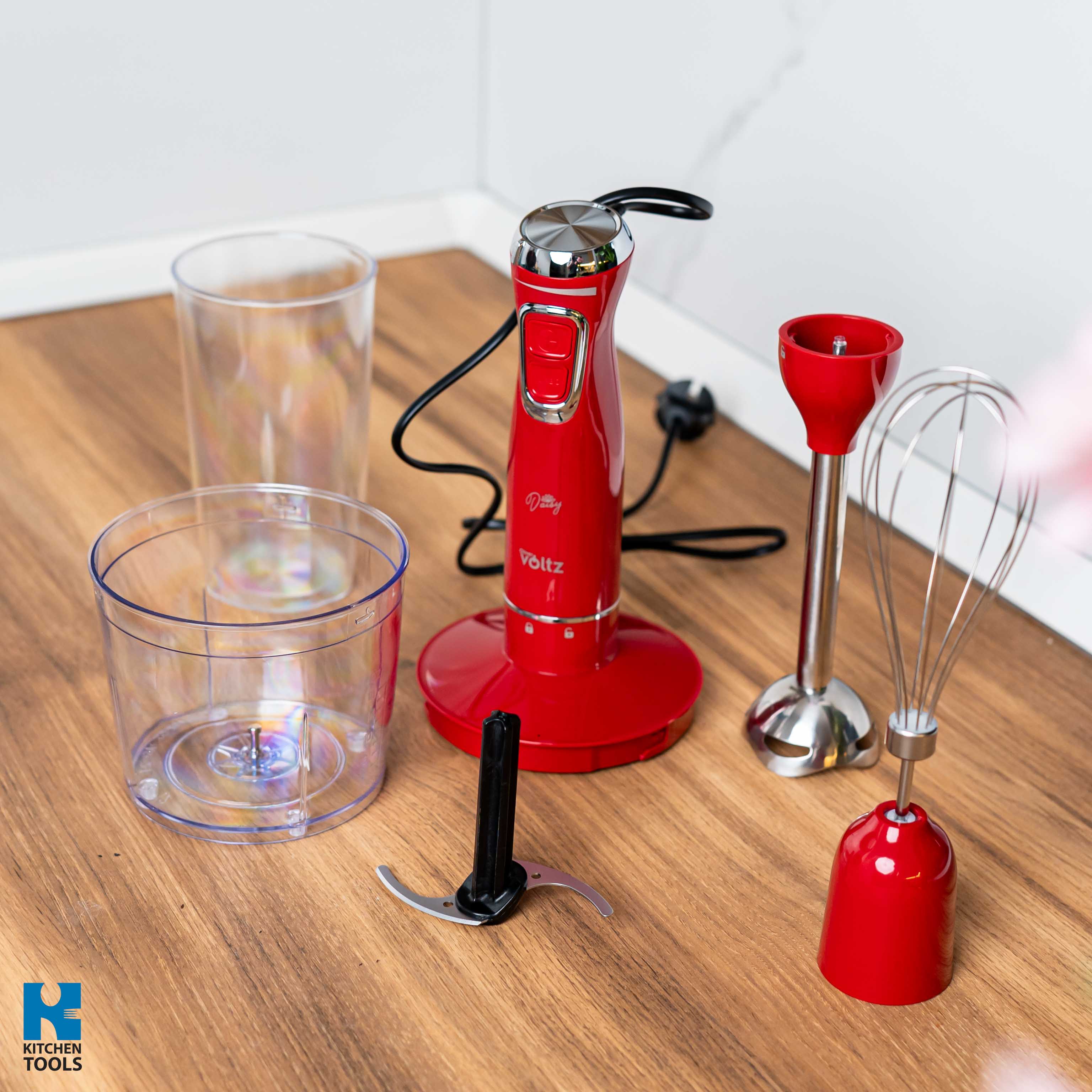 Blender 3 in 1 vertical de mana, 2 viteze, mixer/tocator/blender, lame din otel, 800W, pahar 700ml, Oliver Voltz Daisy, rosu