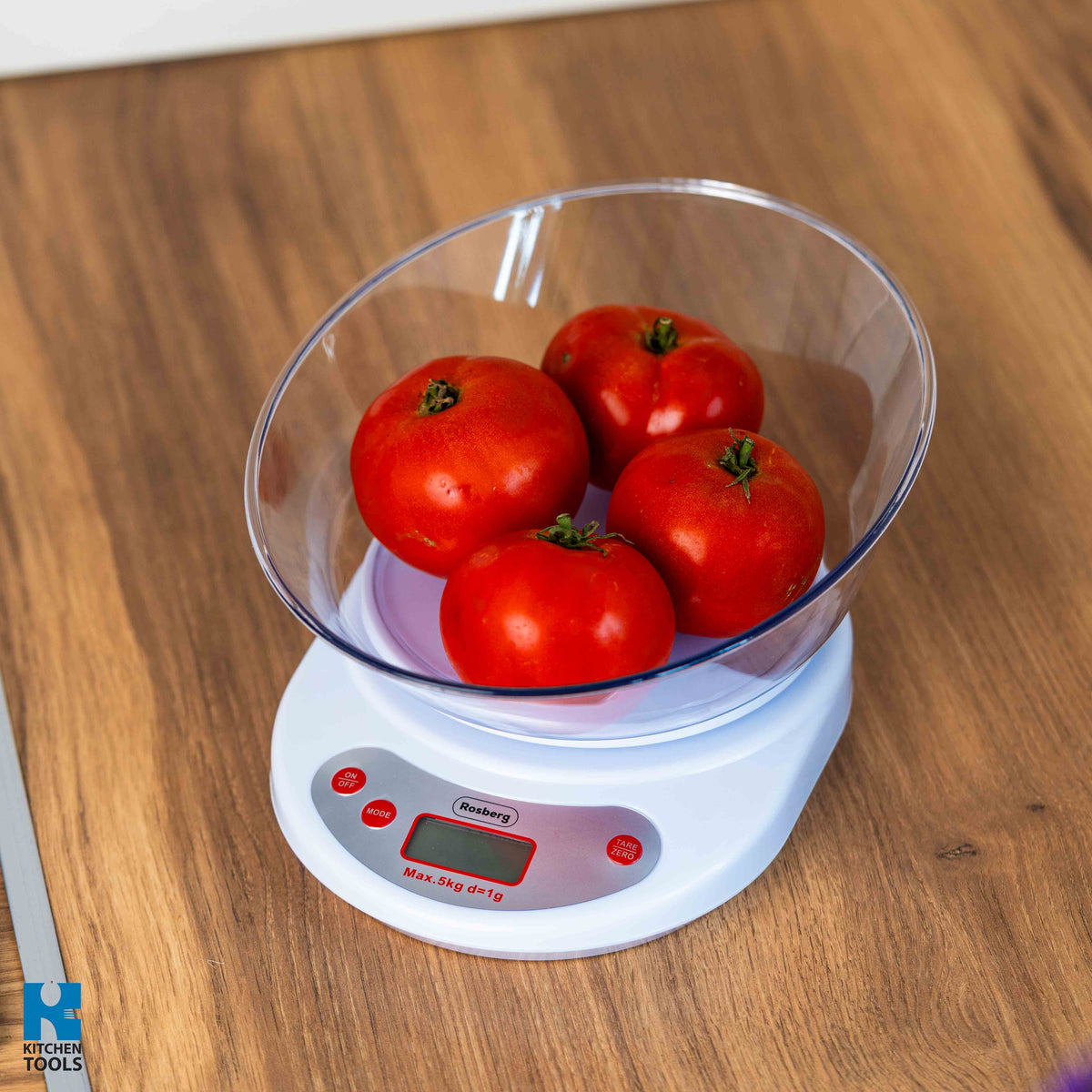 Cantar electronic de bucatarie, 5kg maxim, baterie, prezie 1g, ecran LCD, Rosberg, alb