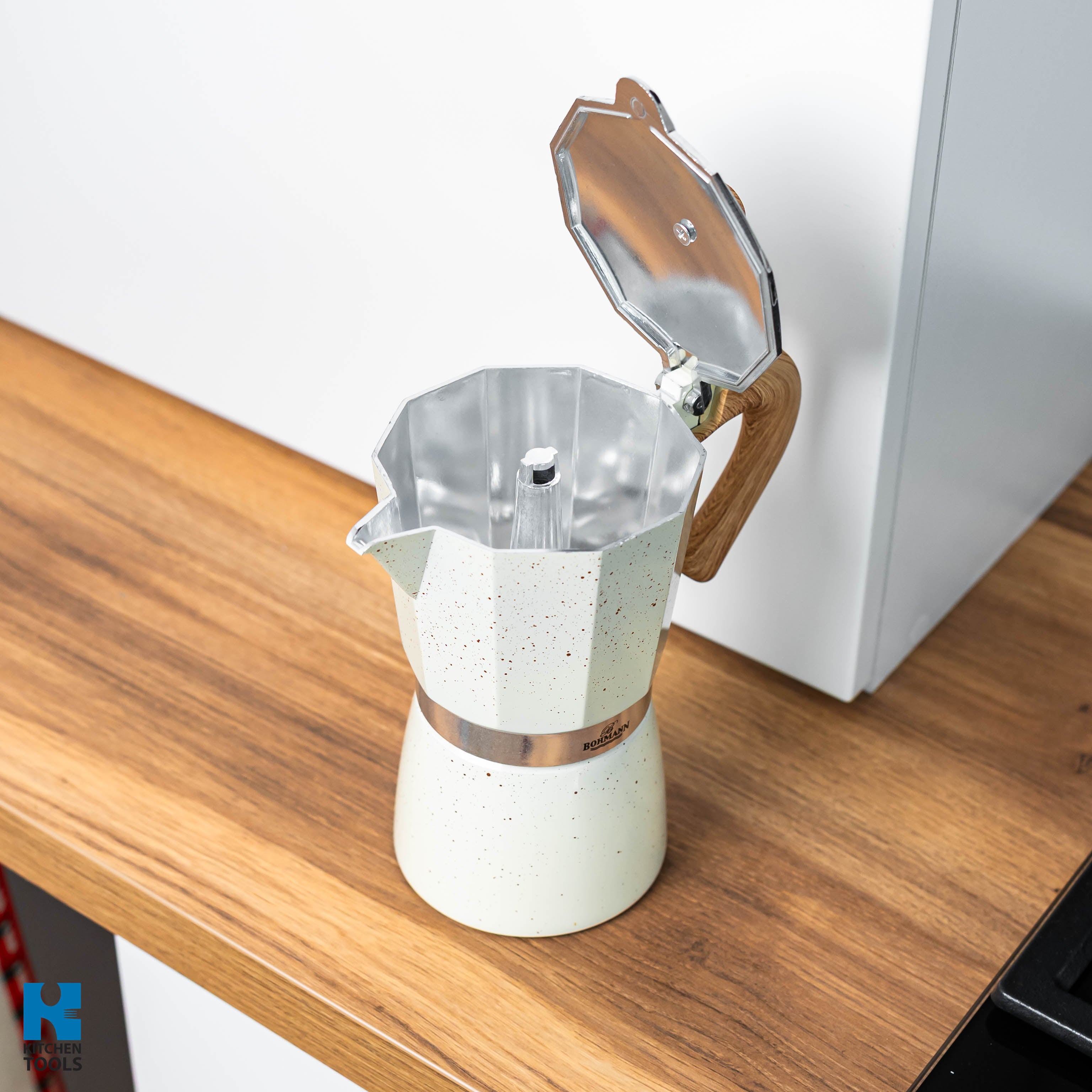 Espressor de cafea din aluminiu, 9 cupe, acoperire marmorata, maner lemn,  Bohmann, bej