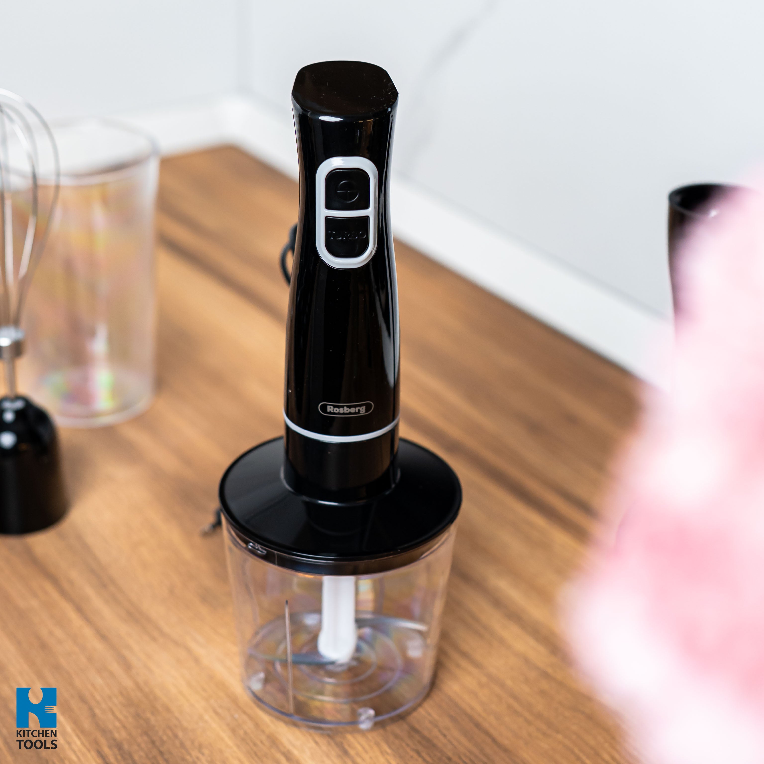 Set multifunctional blender/tocator/mixer 3 in 1 , 400W, lama otel, bol 500ml, pahar 650ml, tija detasabila, Rosberg, negru