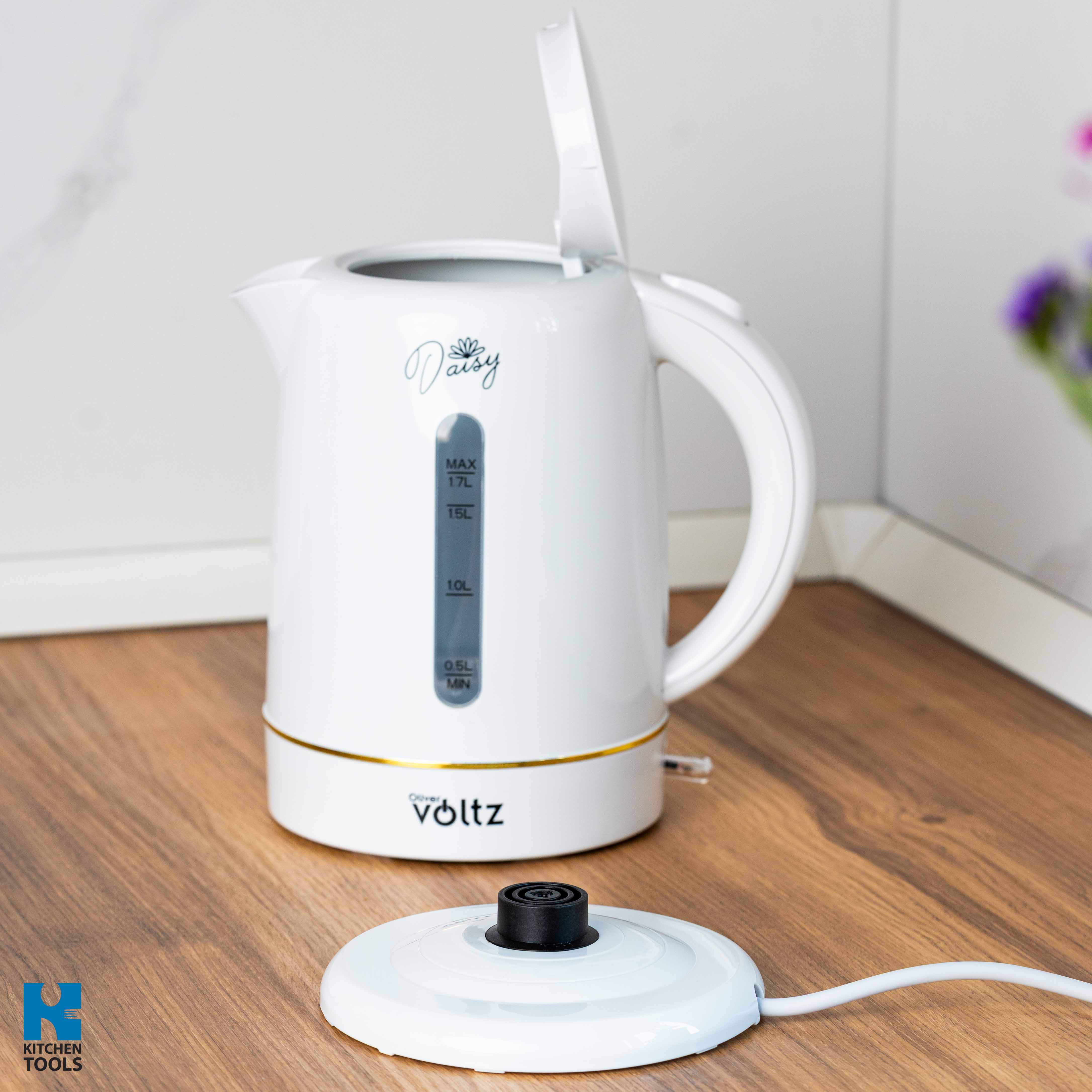 Fierbator electric, 1700ml, 2200W, filtru NYLON,  oprire automata, Baza rotativă la 360°, Oliver Voltz Daisy, alb