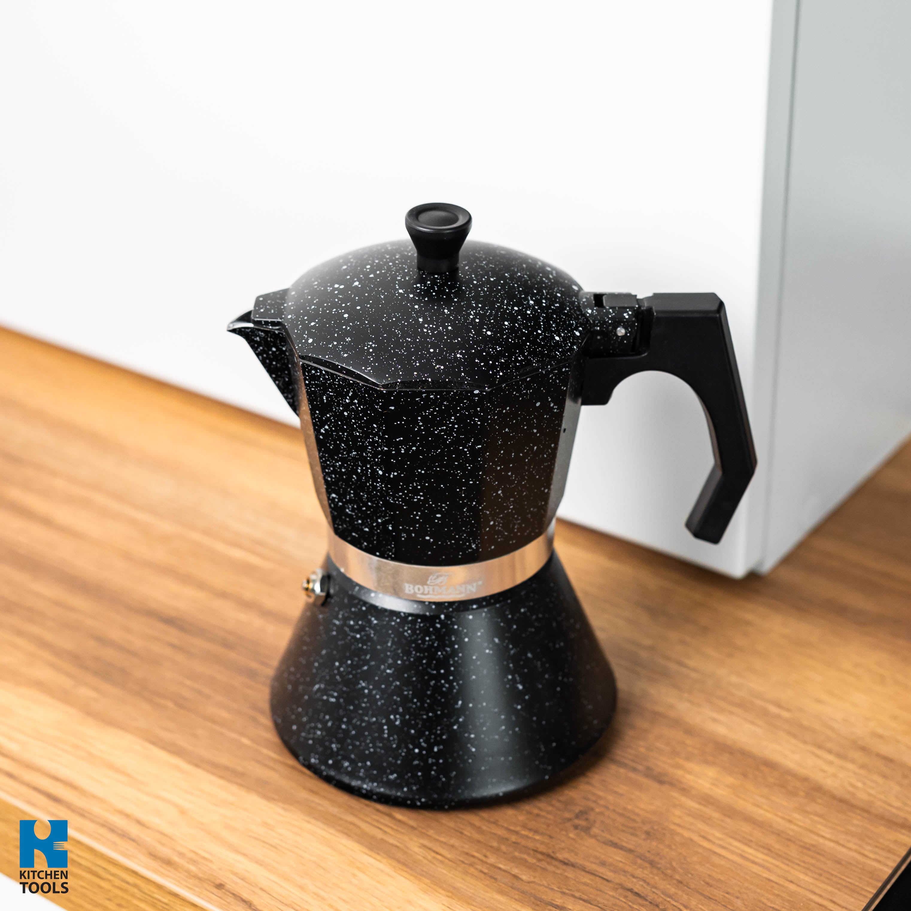 Espressor din aluminiu pentru aragaz Bohmann, 3 Cesti, Aluminiu, maner bachelita, Negru