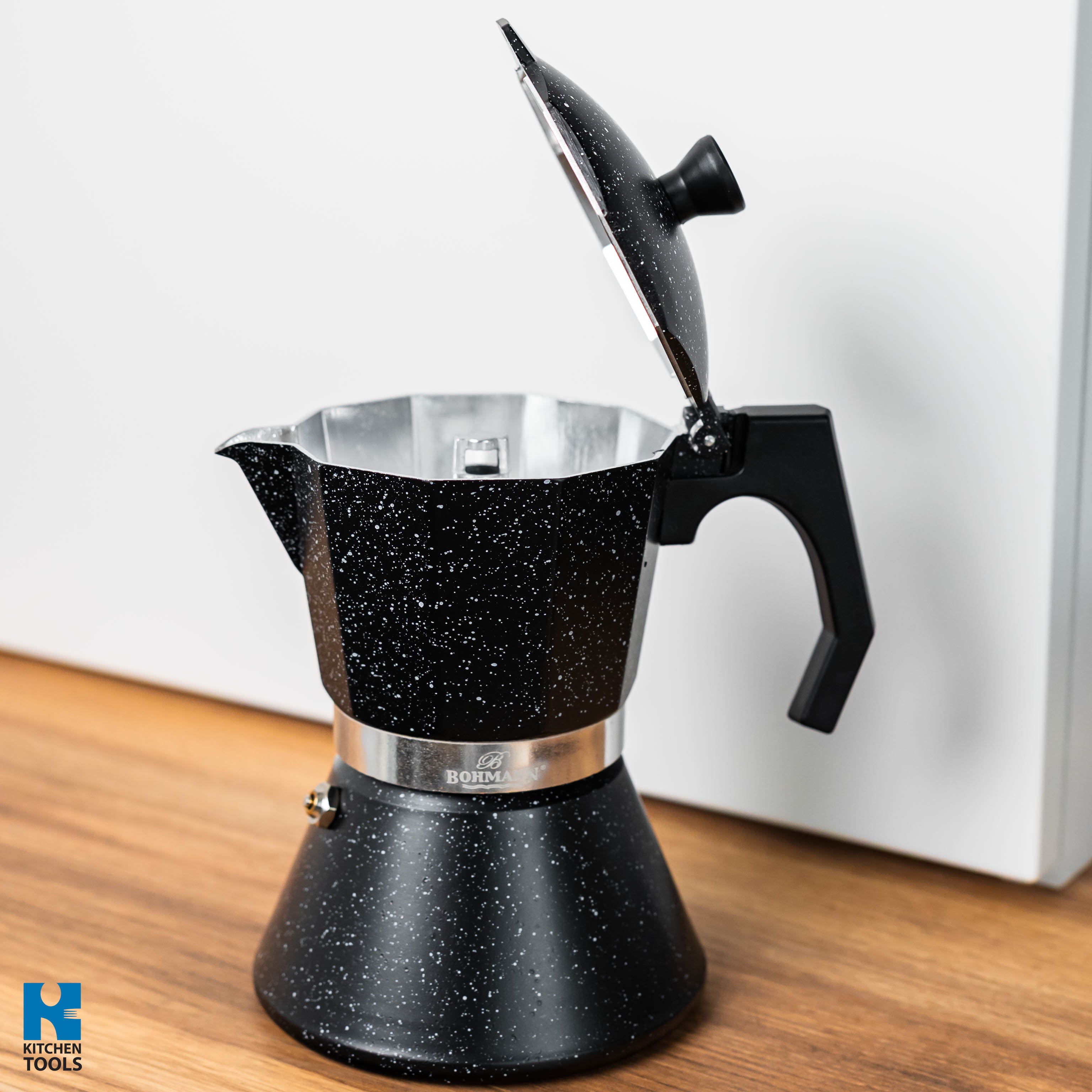 Espressor din aluminiu pentru aragaz Bohmann, 6 Cesti, Aluminiu, maner bachelita Negru