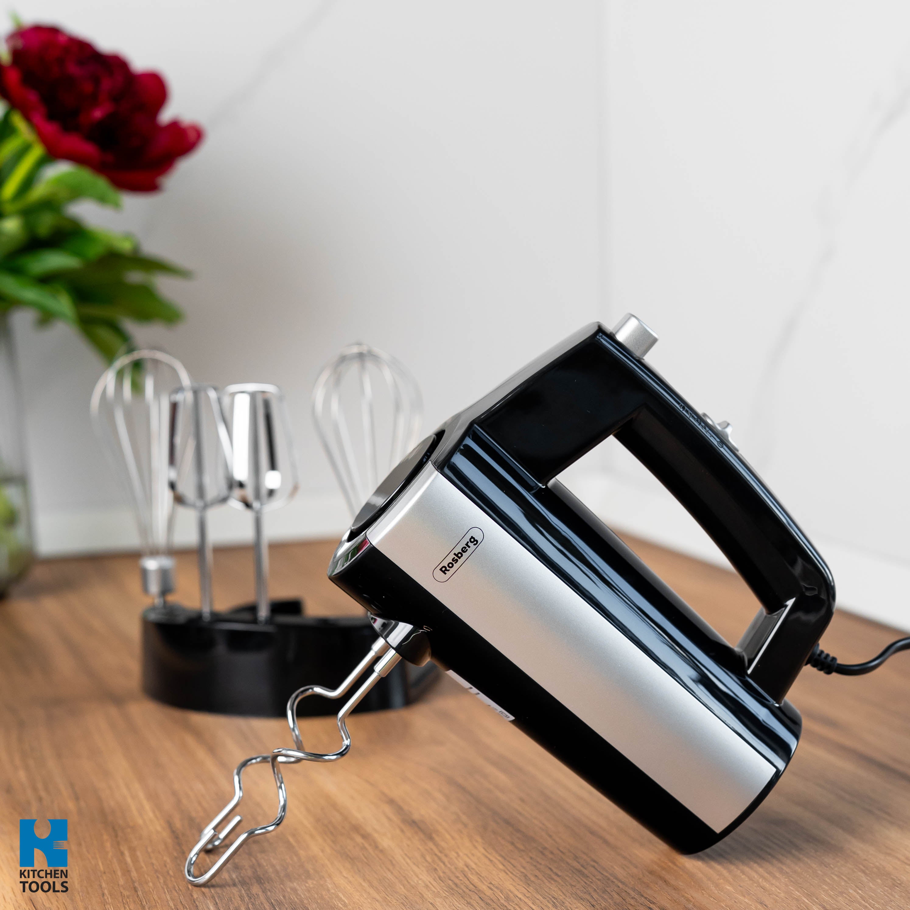 Mixer Manual Rosberg, 300W, cu suport pentru mixer și accesorii, Negru/Argintiu
