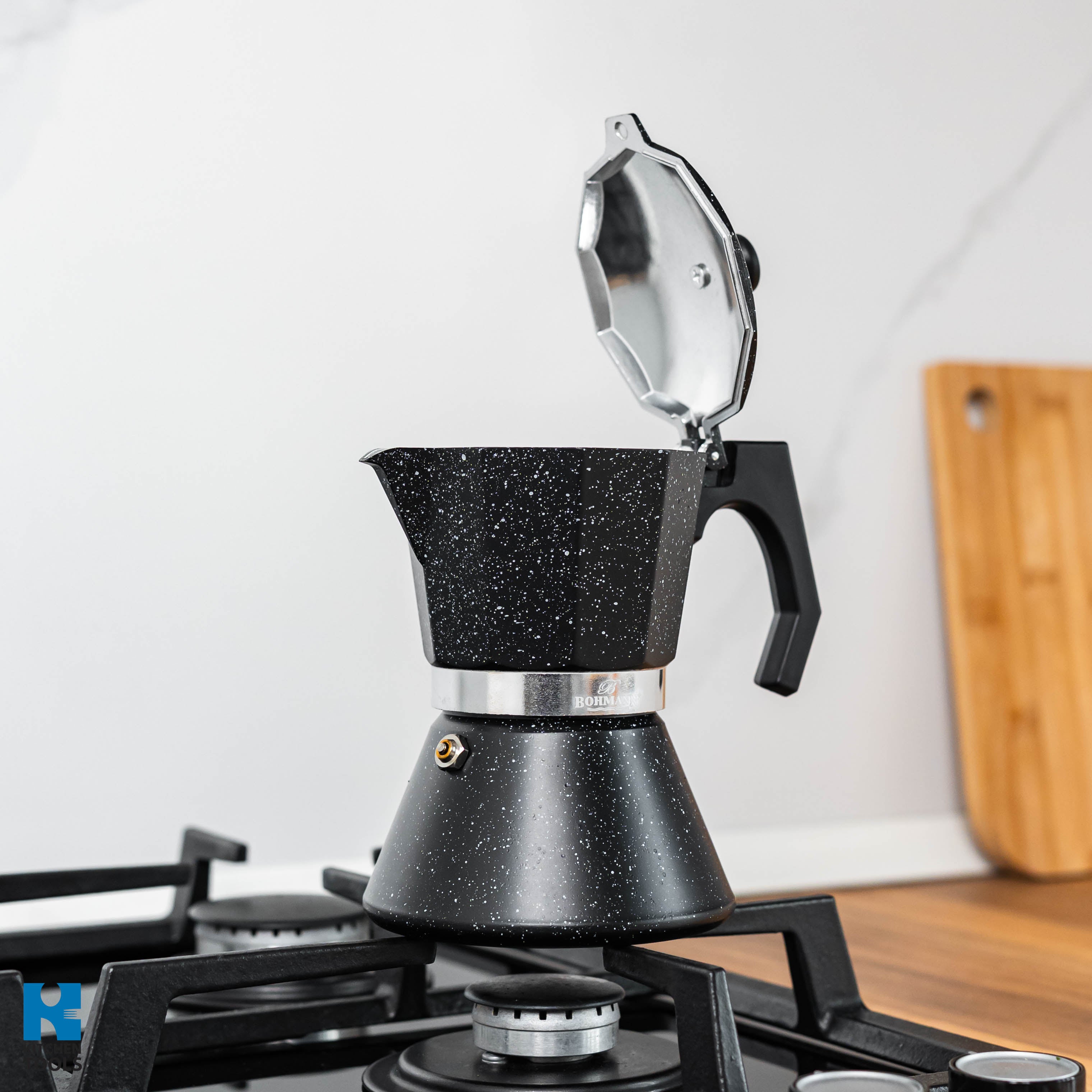 Espressor din aluminiu pentru aragaz Bohmann, 9 Cesti, Aluminiu, maner bachelita,  Negru