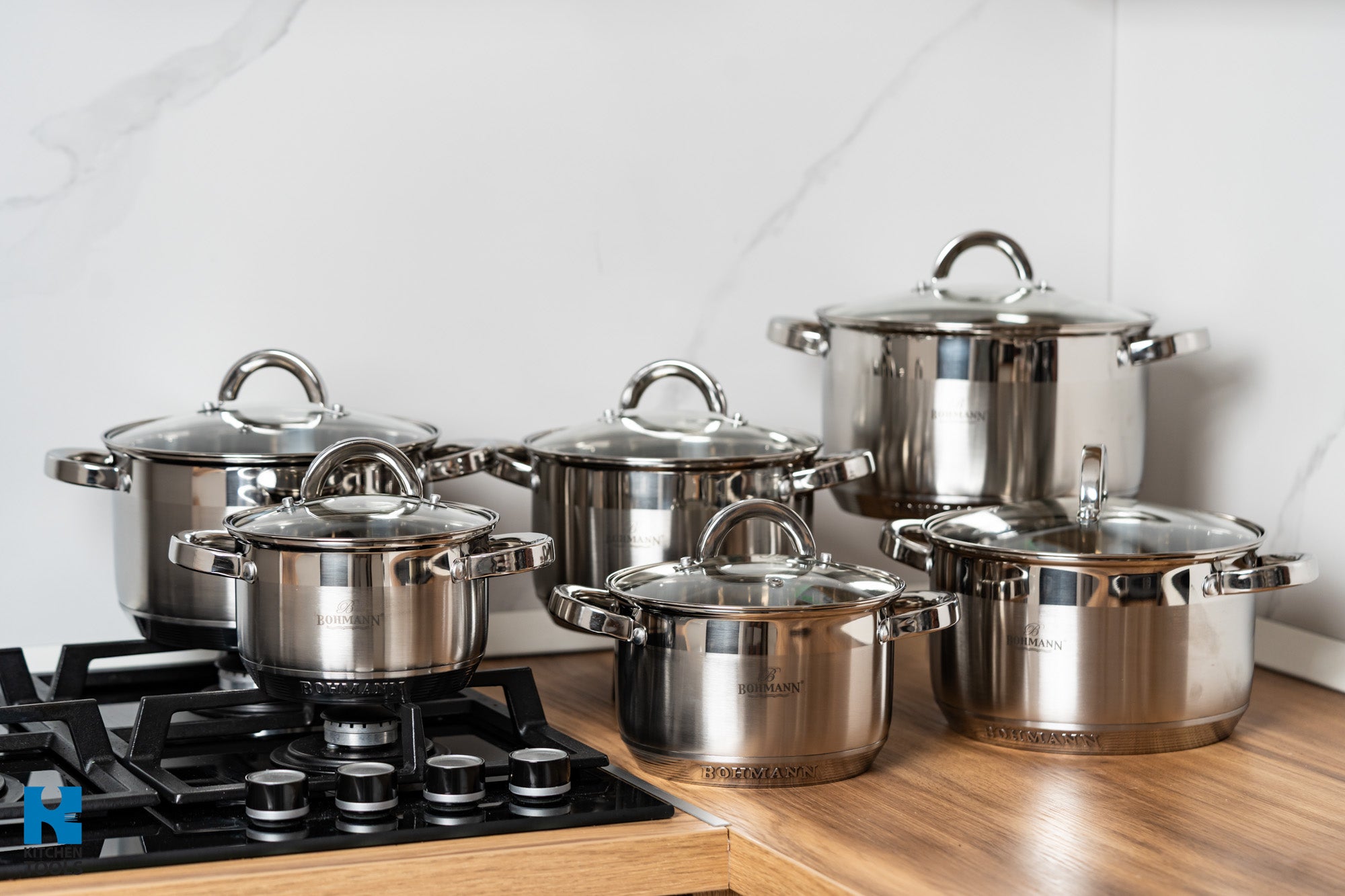 Set vase gatit 12 piese, inox 2.1L - 6.5L, manere nituite, grosime 0.5mm, Bohmann, argintiu