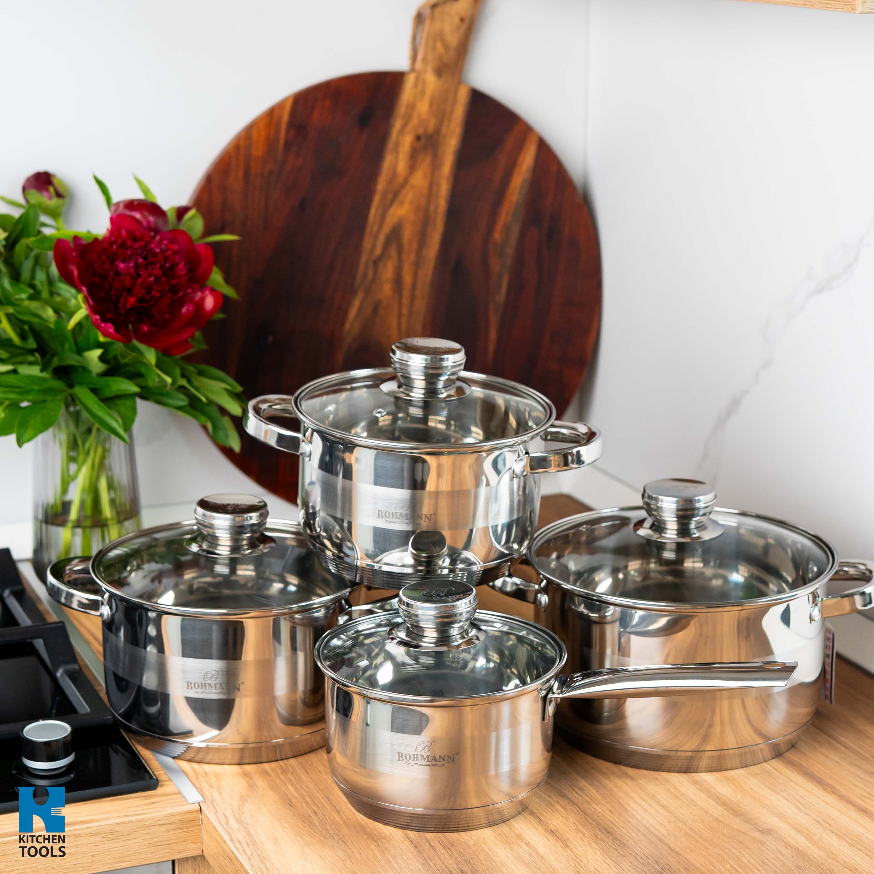 Set 8 piese,  cratite din inox cu capace din sticla termorezistenta, Bohmann, 2.1L/2.9L/3.9L/5.1L, compatibile inductie