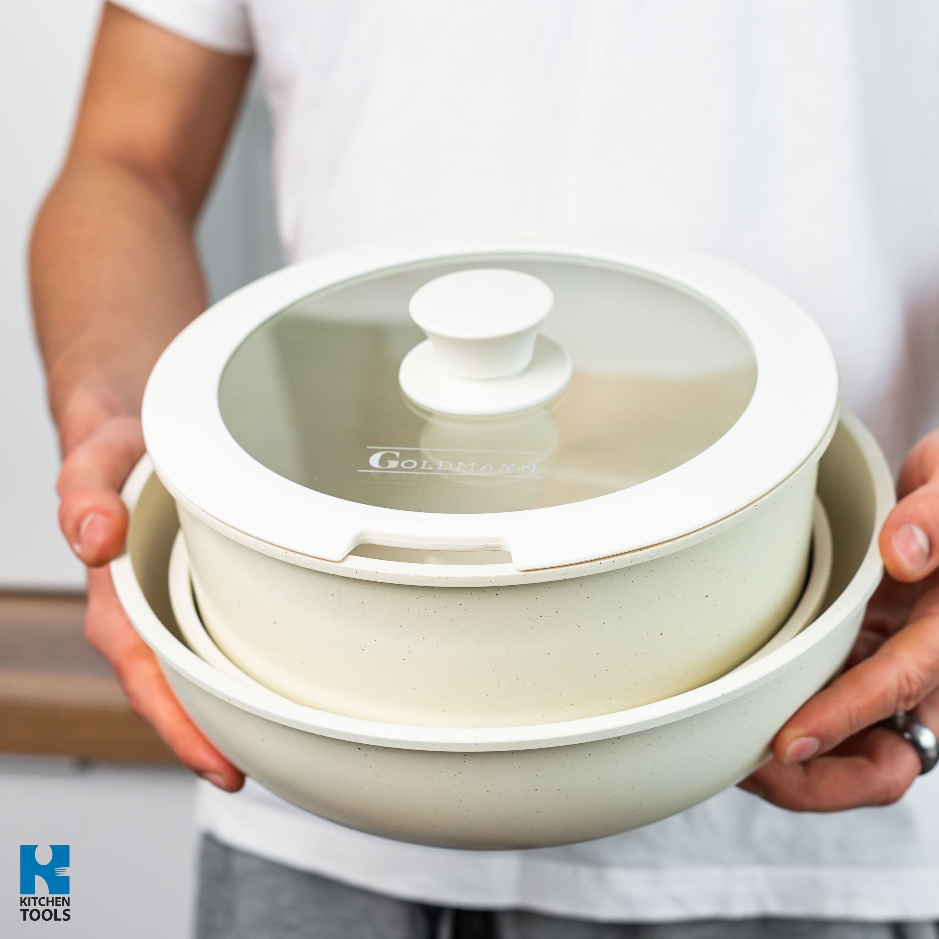 Set vase pentru gatit Goldmann GM-1005, 1.9L/3.5L/3.9L, 5 piese, interior marmorat, maner detasabil