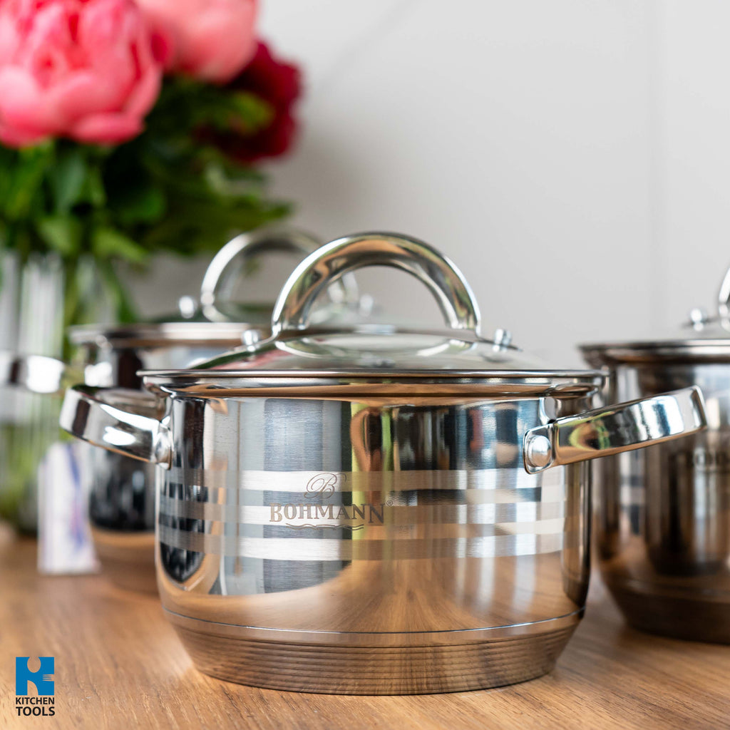Cratite Inox Set 3 Oale Inox cu Capace Bohmann, Diverse Dimensiuni
