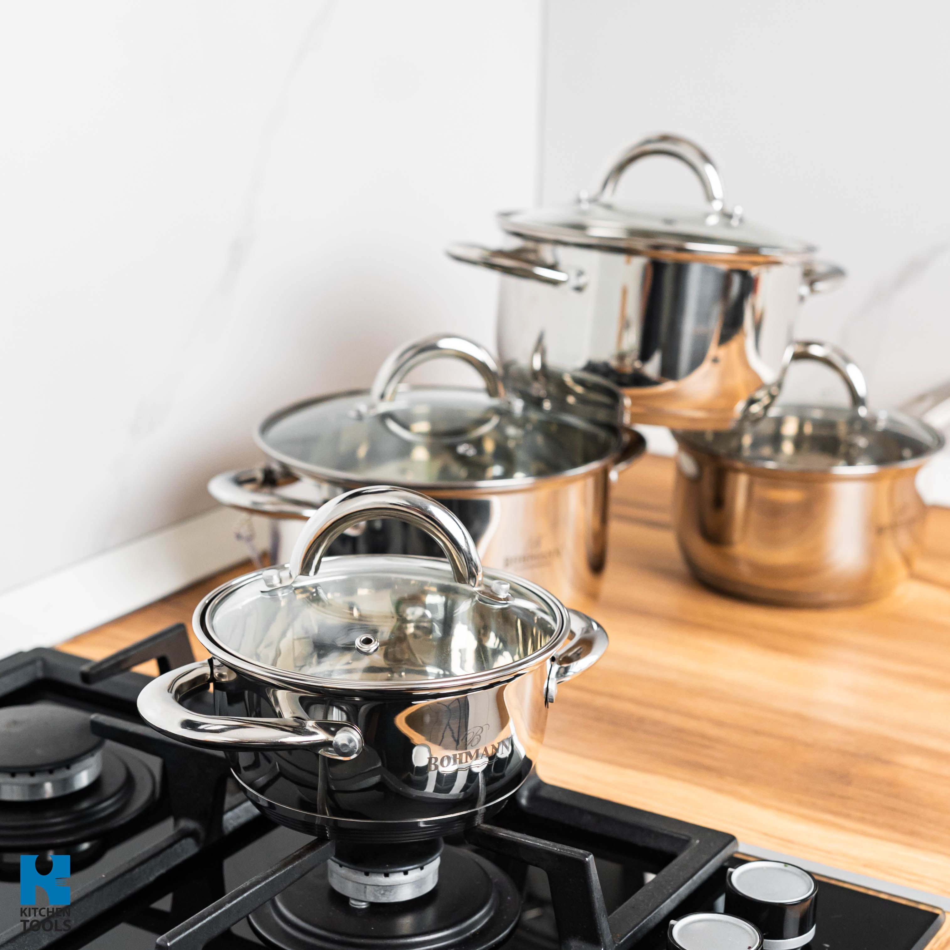Set cratite 8 piese, inox, compatibile inductie, 1.1L/2.6L/3.6L/1.9L, Bohmann